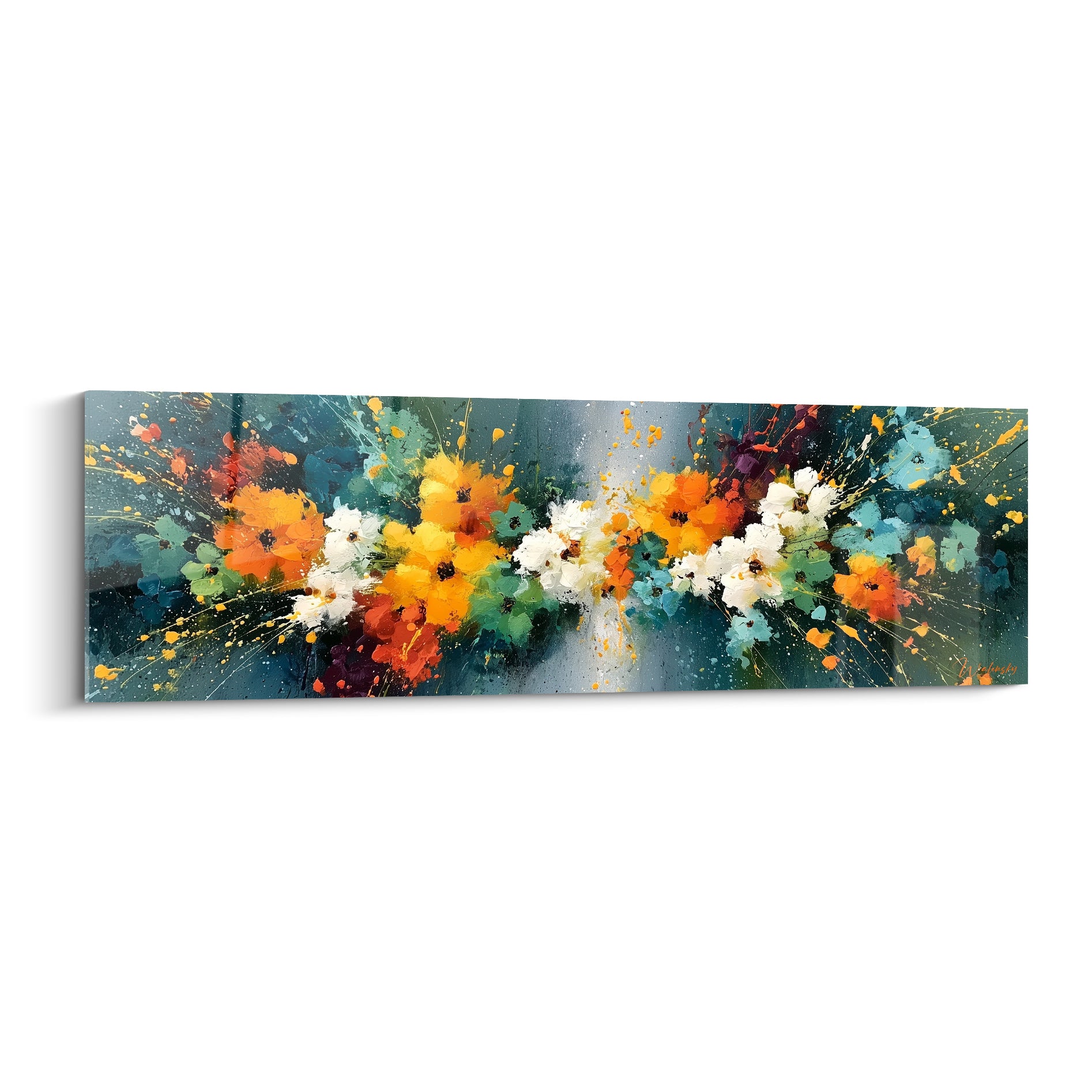 Bouquet fleuri orange, blanc et bleu pétrole, touches empâtées et éclaboussures dorées