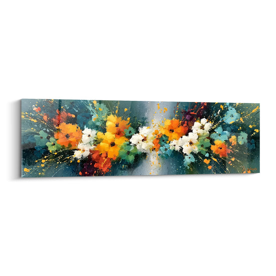 Tableau Fleurs orange et bleu sarcelle en éventail lumineux - Traînée de lumière verticale - Edition fleur abstrait