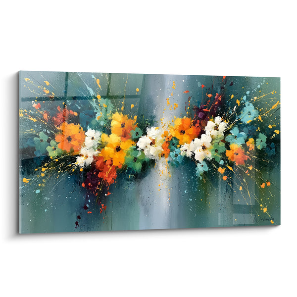 Tableau Guirlande florale orange et bleu sarcelle - Éclaboussure printanière - Edition fleur abstrait
