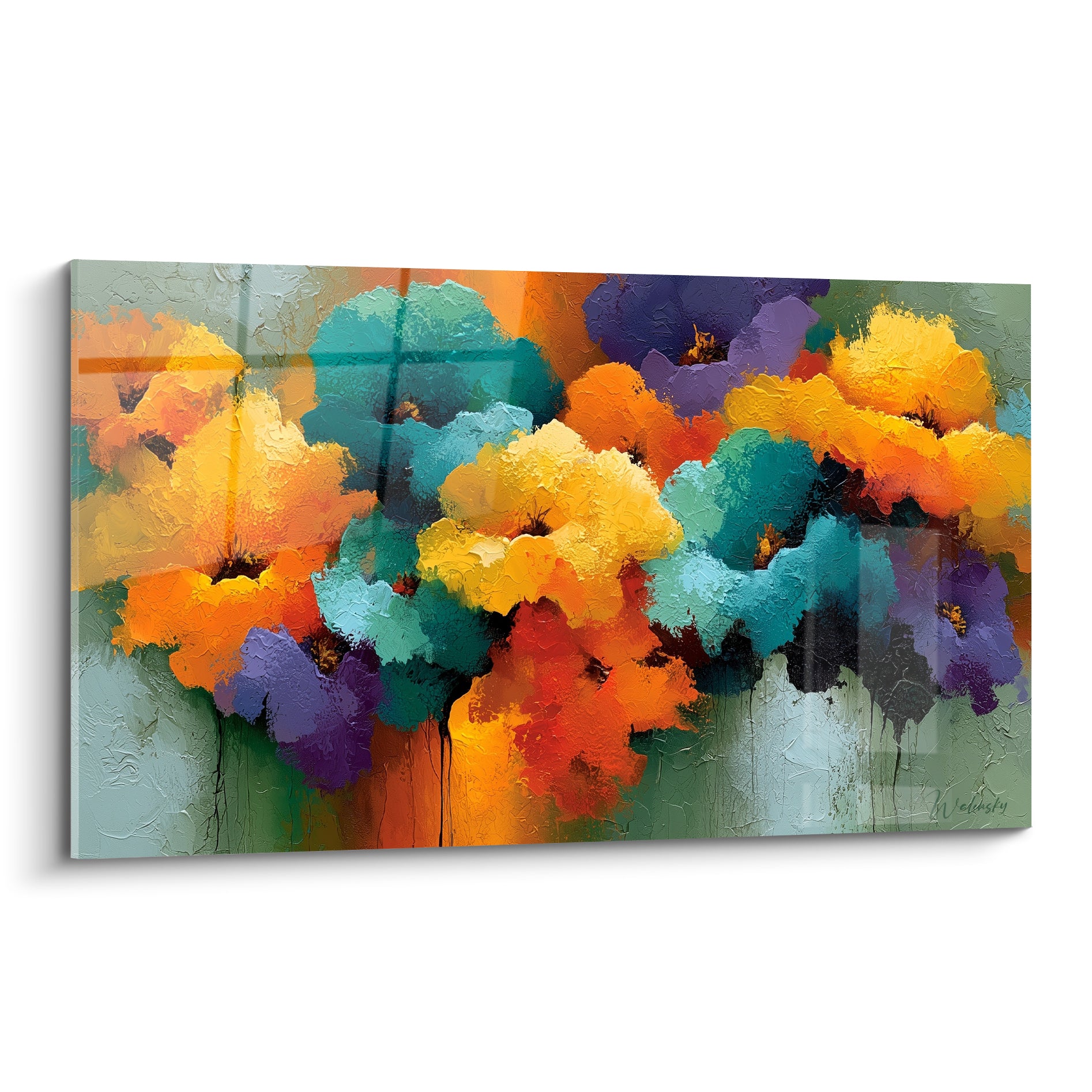 Bouquet de fleurs abstrait orange, bleu sarcelle et violet aux empâtements épais sur fond vert sauge