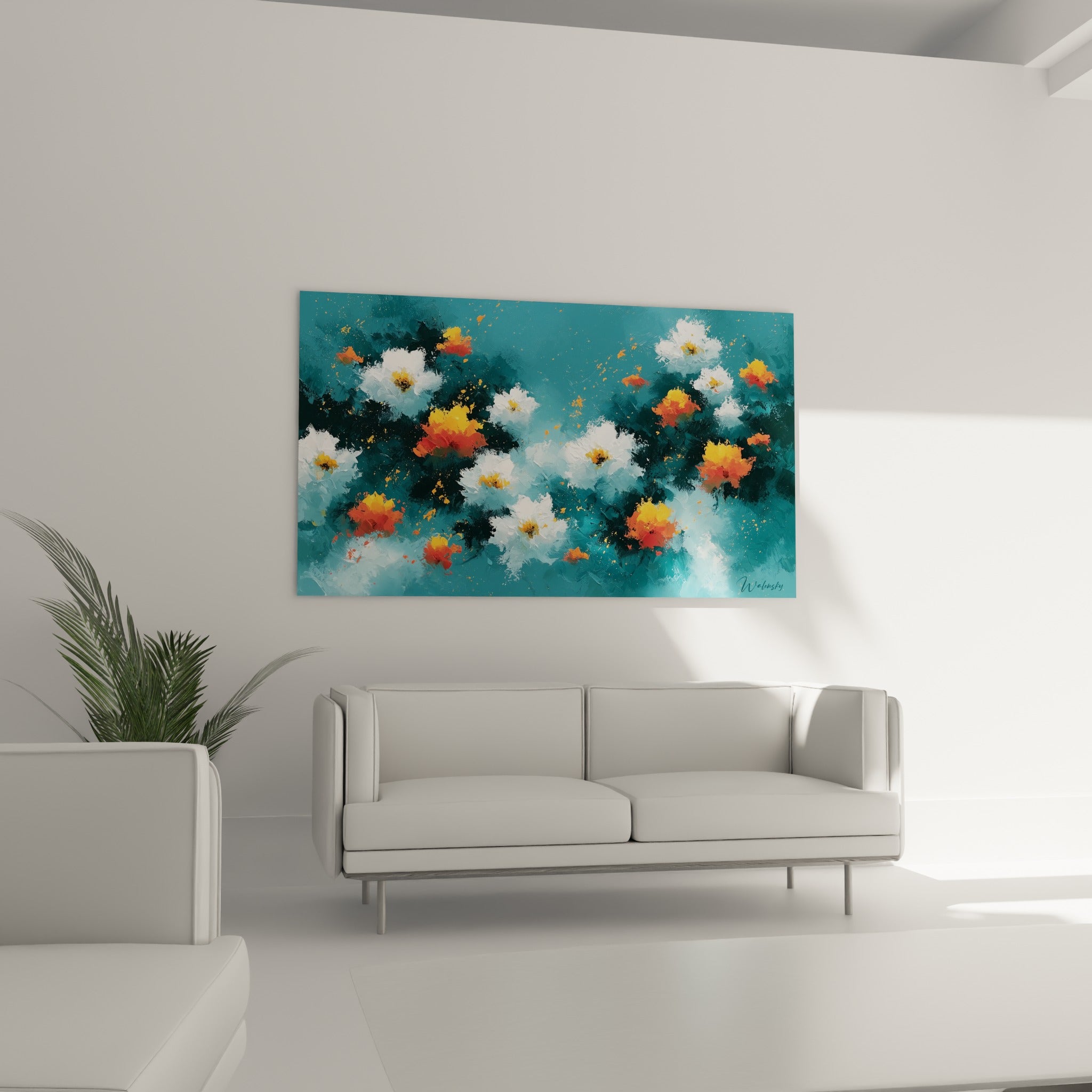 Corolles blanches et cœurs orangés sur bleu profond, tableau fleur abstrait au-dessus d'un canapé dans un salon lumineux