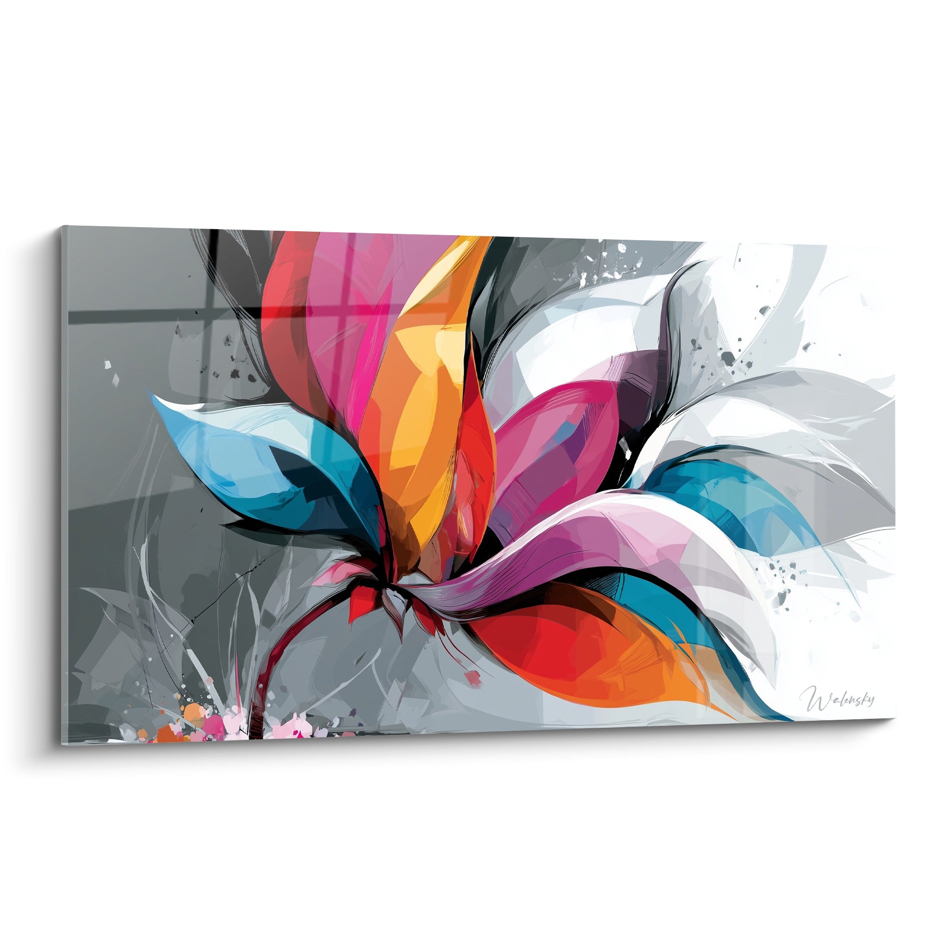 Fleur abstrait aux pétales orange, roses et bleu turquoise sur fond gris graphique intense