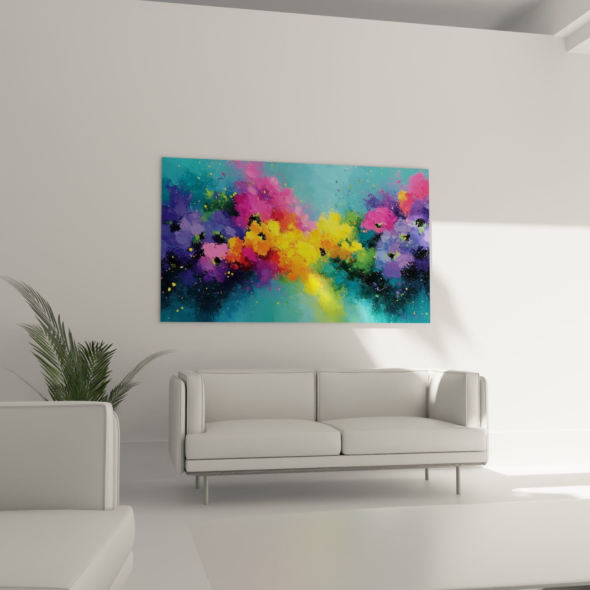 Fleurs abstraites vibrantes jaune et magenta suspendues au-dessus d'un canapé dans un salon lumineux