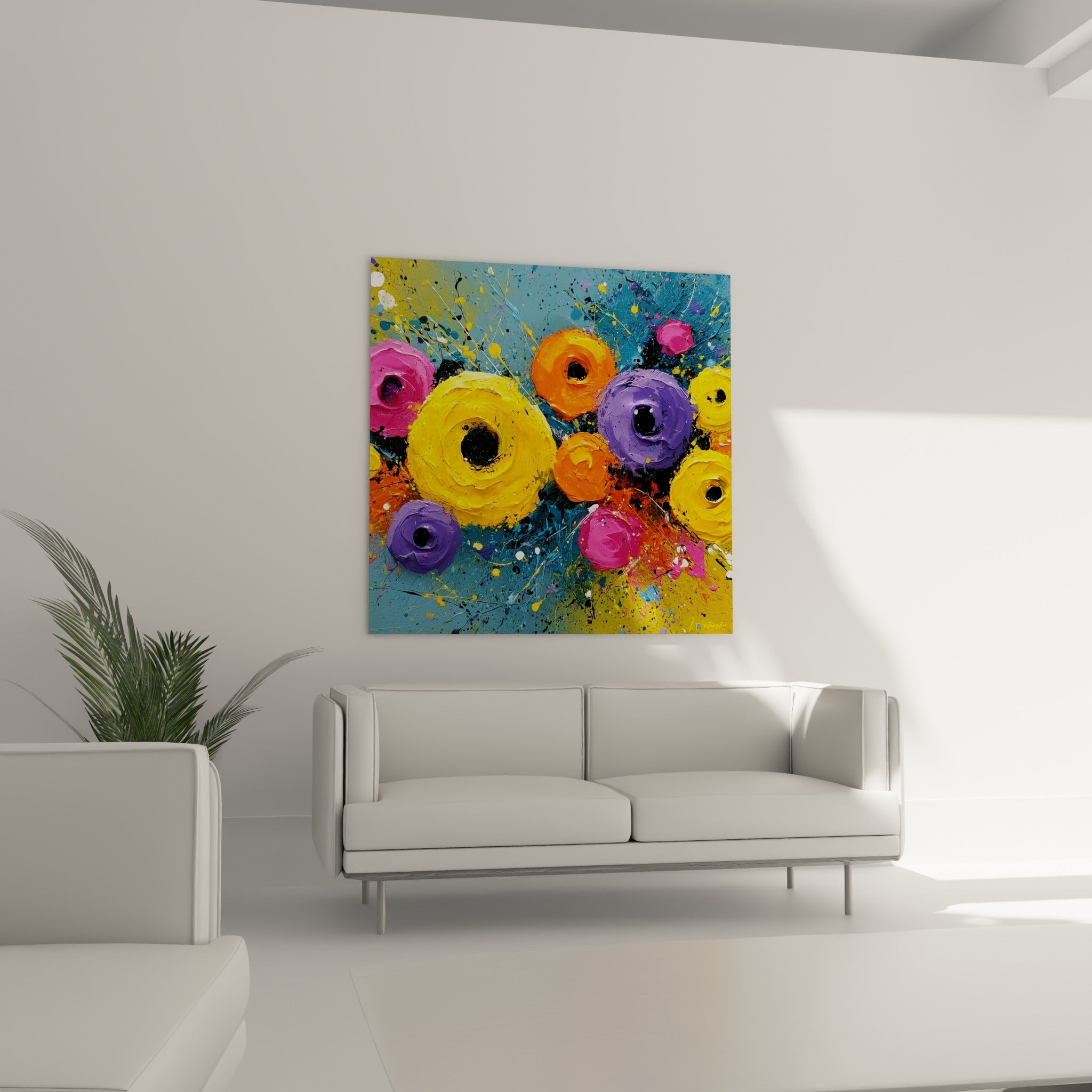 Fleurs stylisées orange et violettes aux cœurs noirs profonds, au-dessus d'un canapé dans un salon lumineux