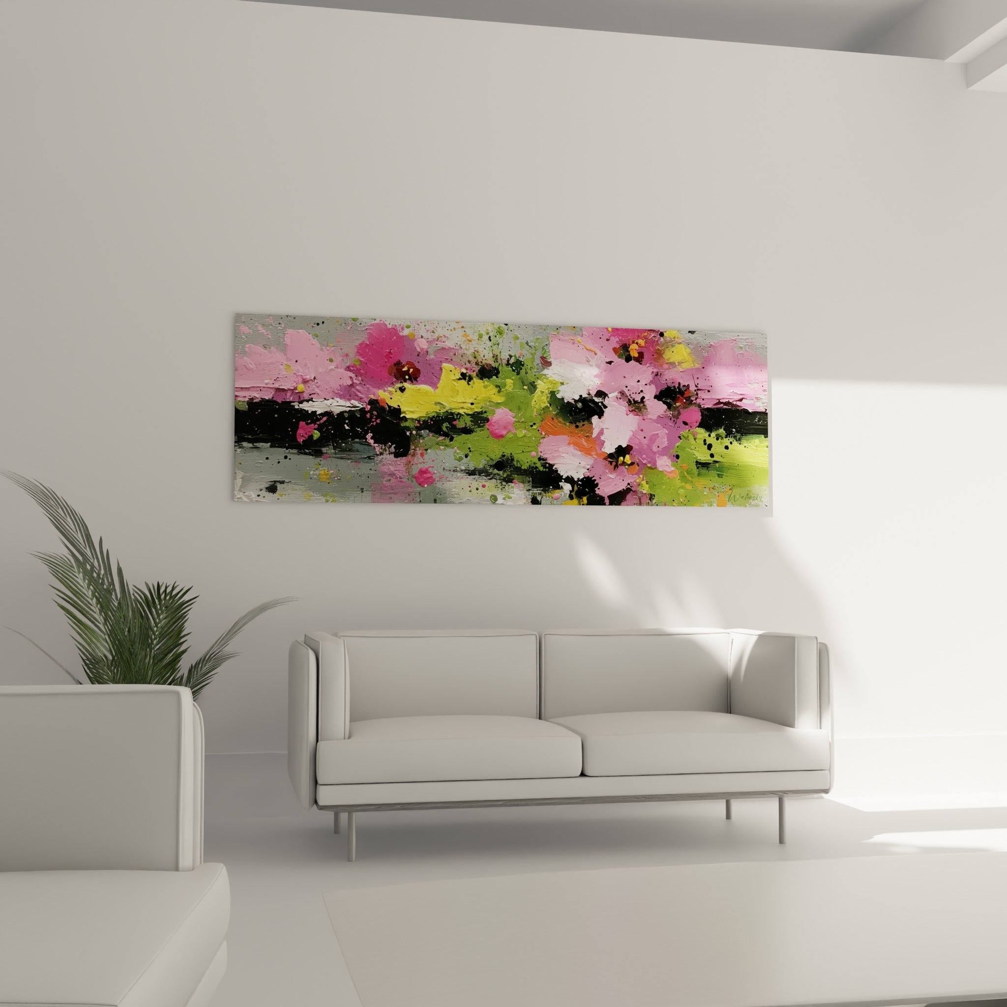 Pétales roses et touches jaunes vibrantes au-dessus d'un canapé dans un salon lumineux