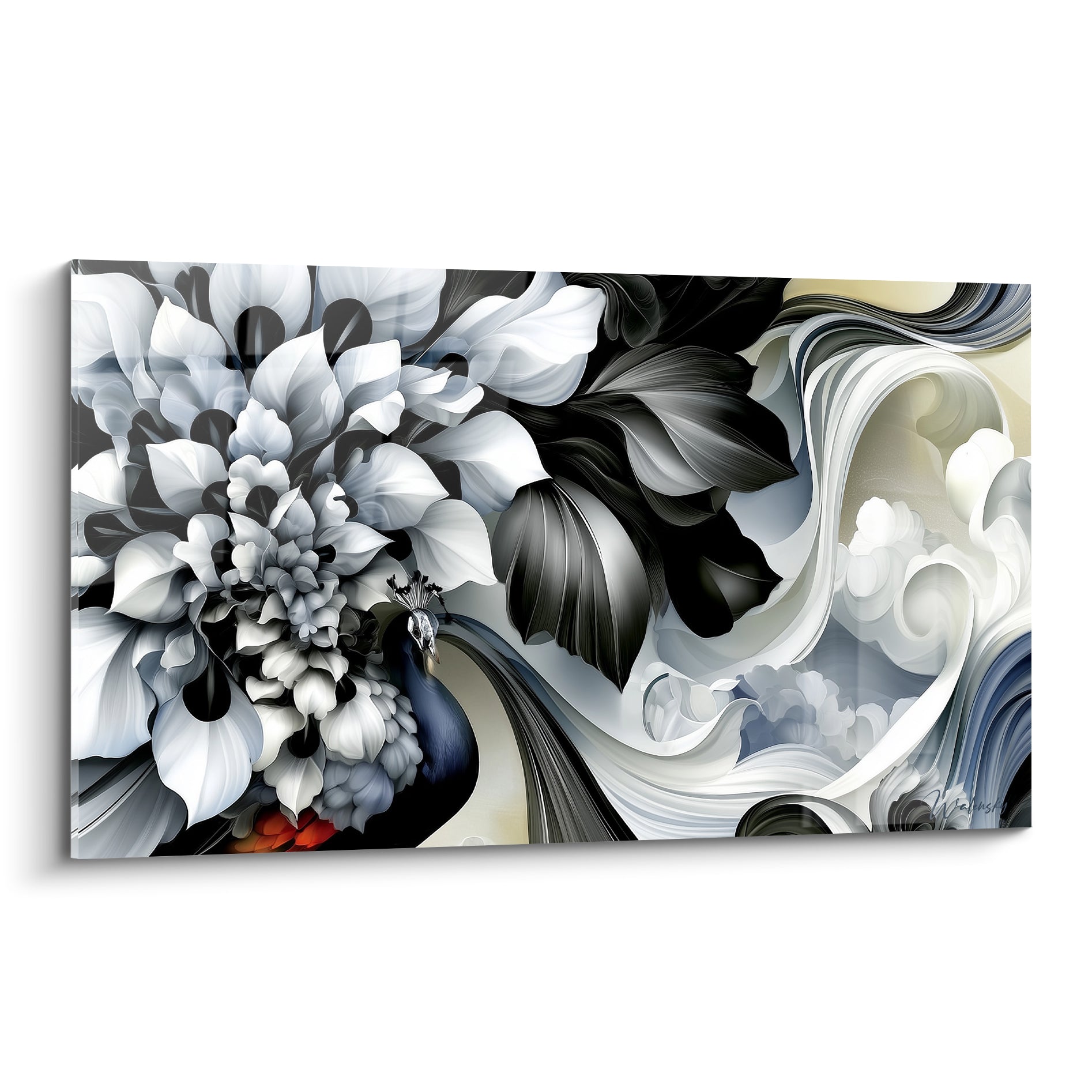 Paon élégant émergeant de pétales blancs et feuilles noires, tableau fleur abstrait raffiné