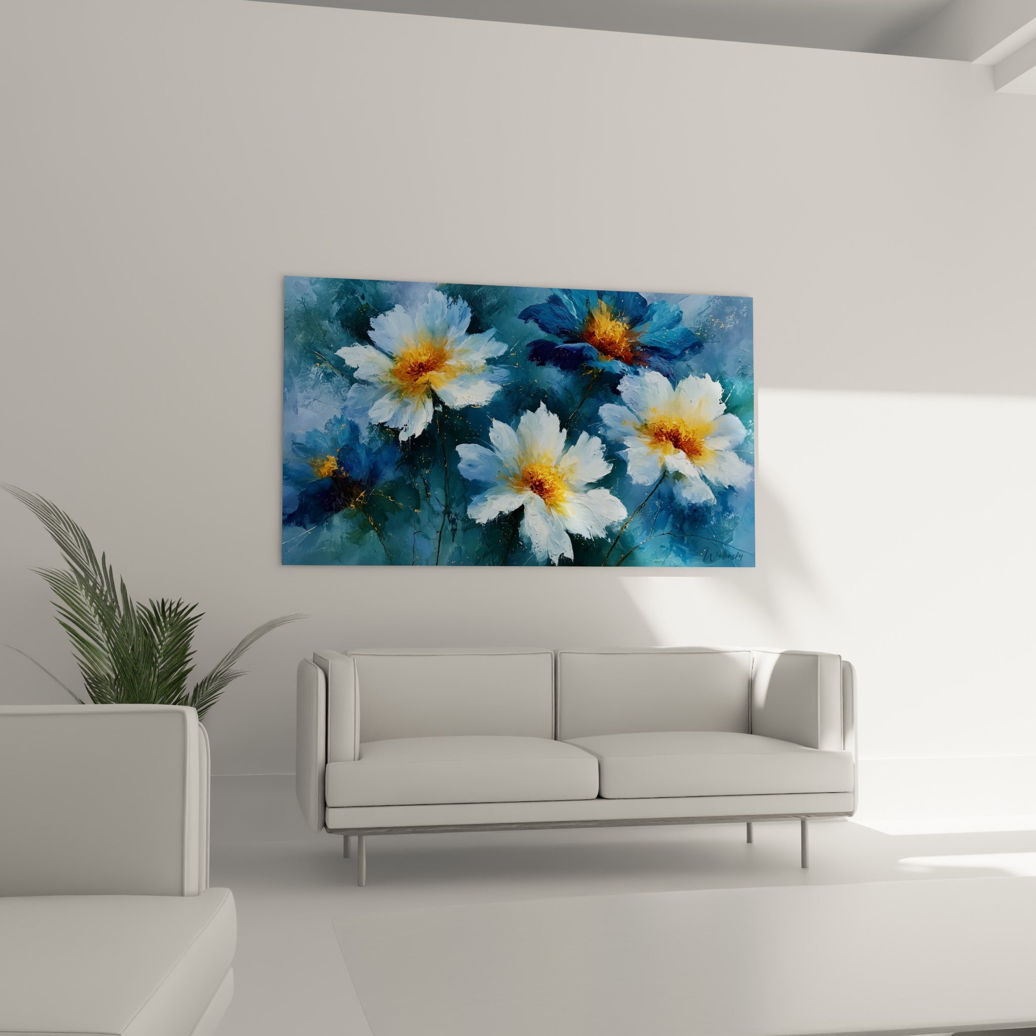 Pétales bleu nuit et blancs aux centres dorés, au-dessus d'un canapé dans un salon lumineux