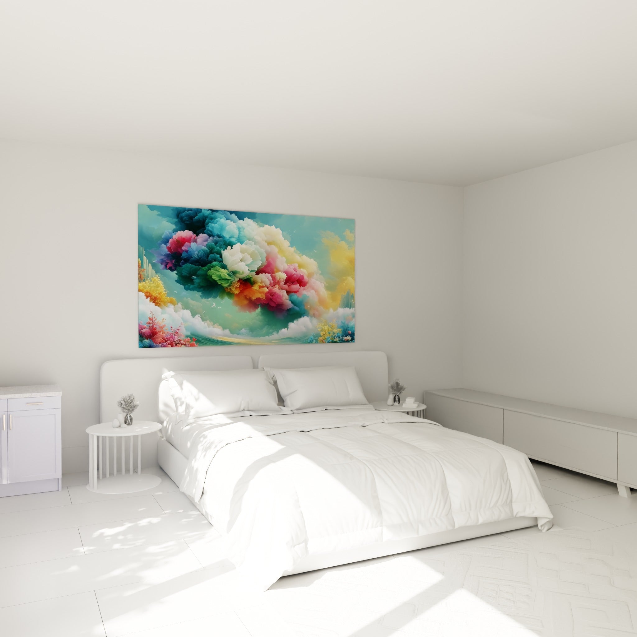 Pétales fleur abstrait corail et doré flottant au-dessus d'un lit dans une chambre claire