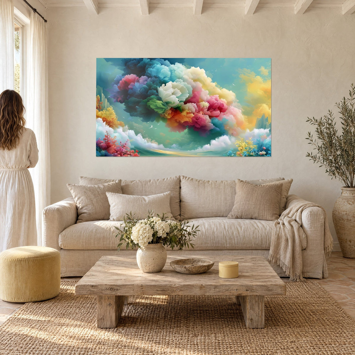 Wall art cloudy peony bouquet in pink and turquoise, white petals at the centre, above a sofa in a bright living room