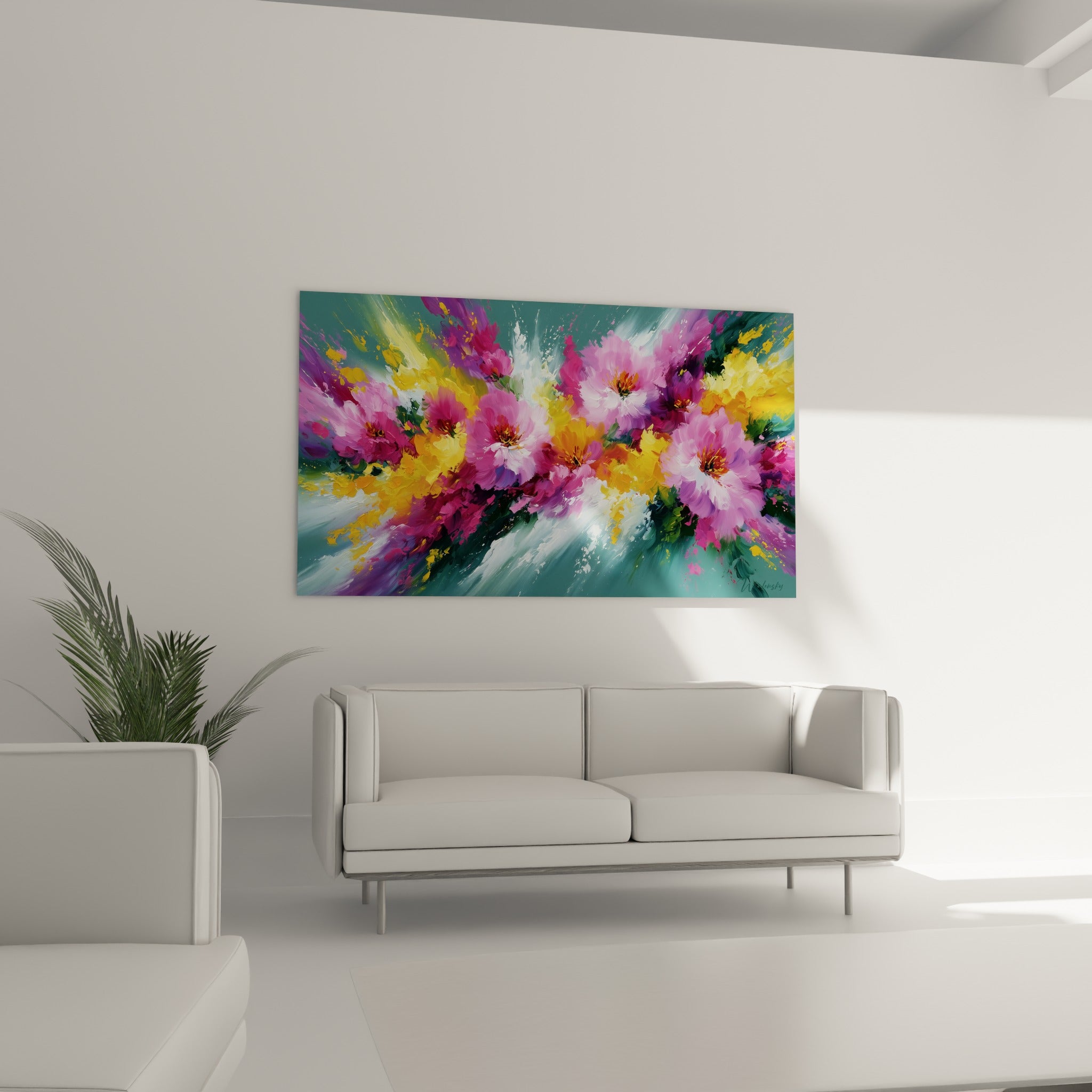 Pétales fuchsia et dorés jaillissant en mouvement, accrochés au-dessus d'un canapé dans un salon lumineux