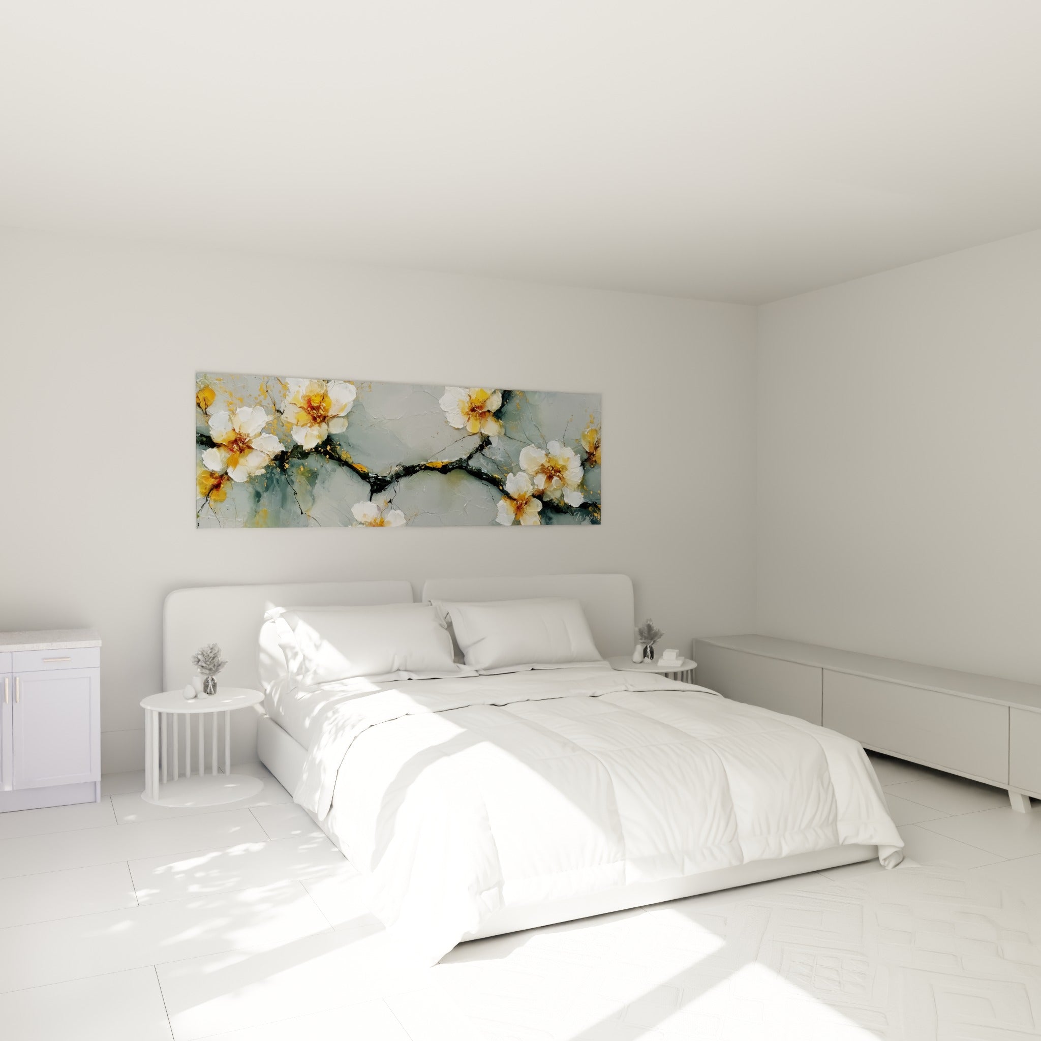 Fleurs blanches aux cœurs dorés sur fond anthracite, au-dessus d'un lit dans une chambre claire