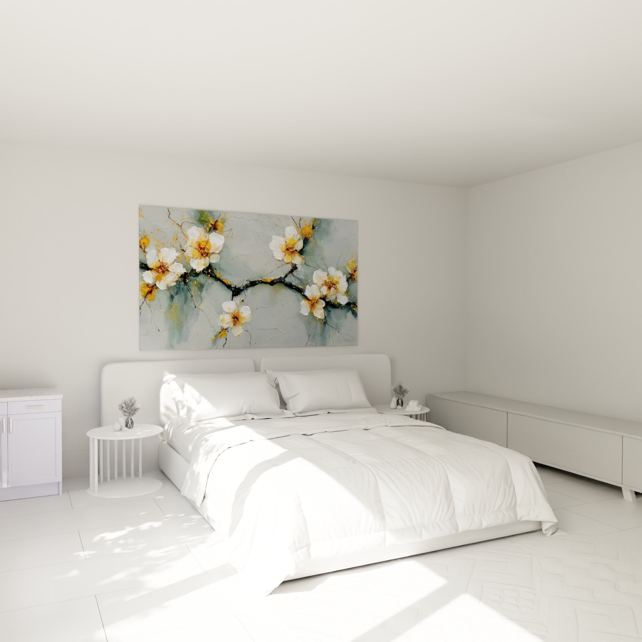 Fleurs blanches et dorées à la spatule au-dessus d'un lit dans une chambre claire