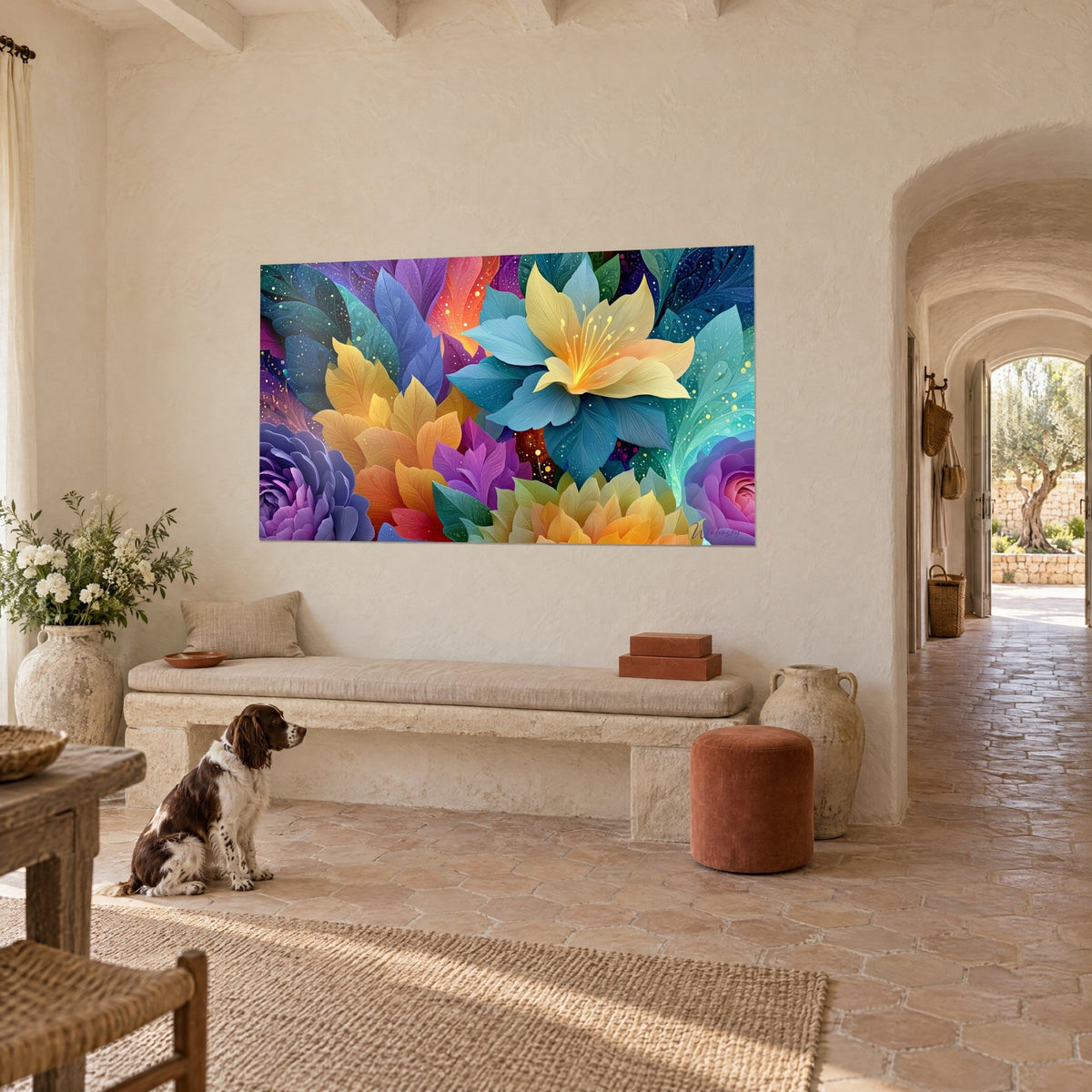 Quadro giardino incantato dai petali blu turchese e giallo oro, spaniel seduto, in un casolare provenzale con piastrelle ocra