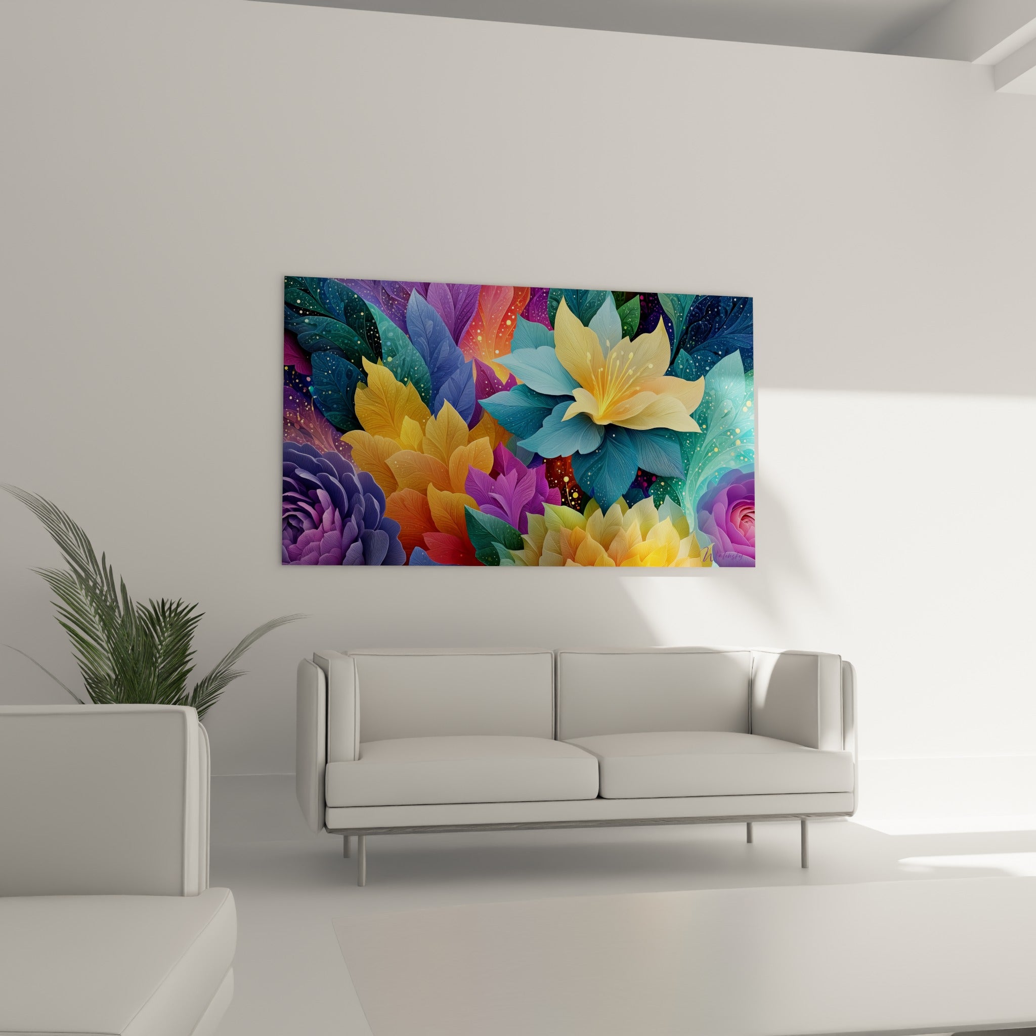 Pétales turquoise et jaune de fleur abstrait au-dessus d'un canapé dans un salon lumineux