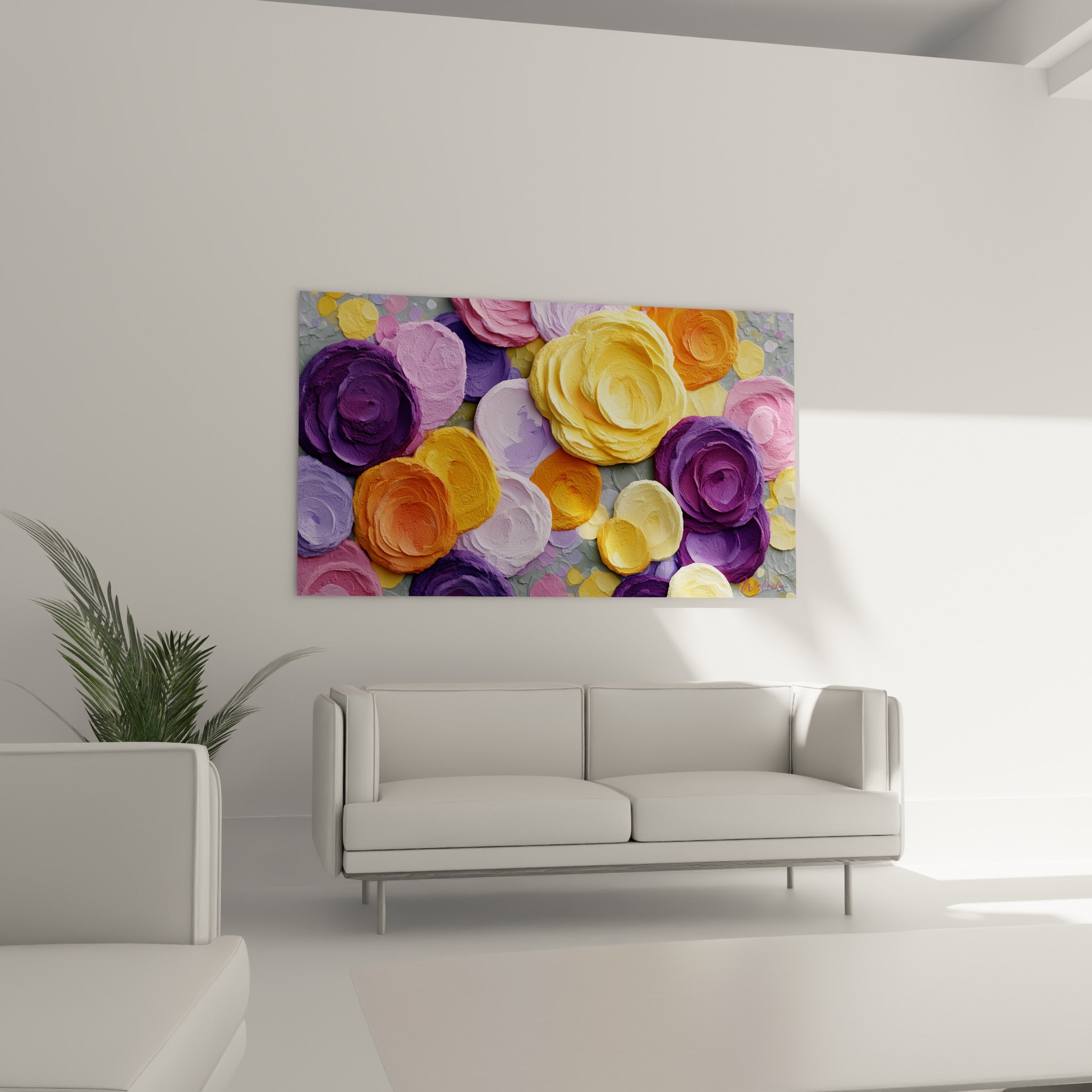 Pétales orange et violets du tableau fleur abstrait suspendus au-dessus d'un canapé dans un salon lumineux