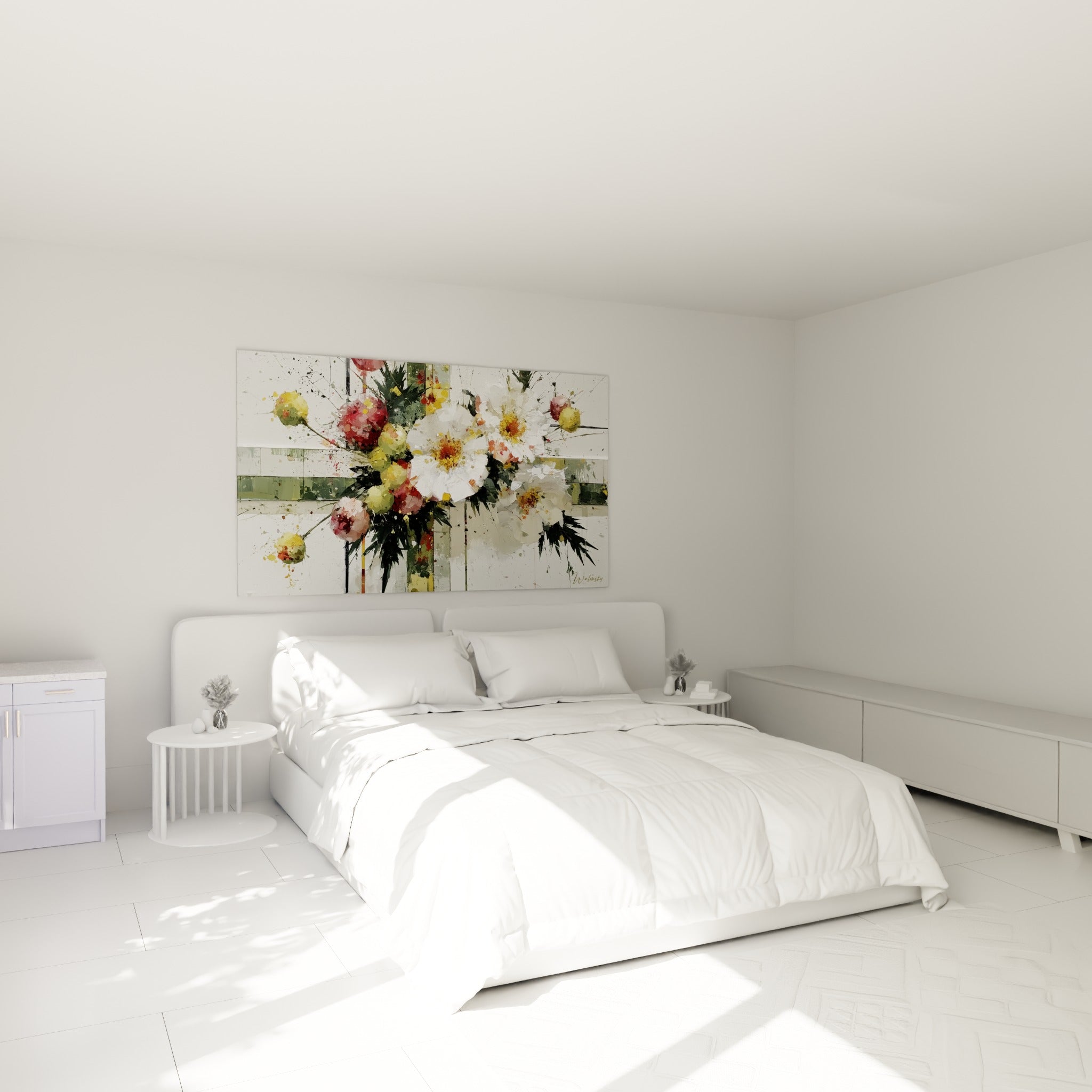 Fleurs blanches et roses au cœur doré peintes en relief, au-dessus d'un lit dans une chambre claire