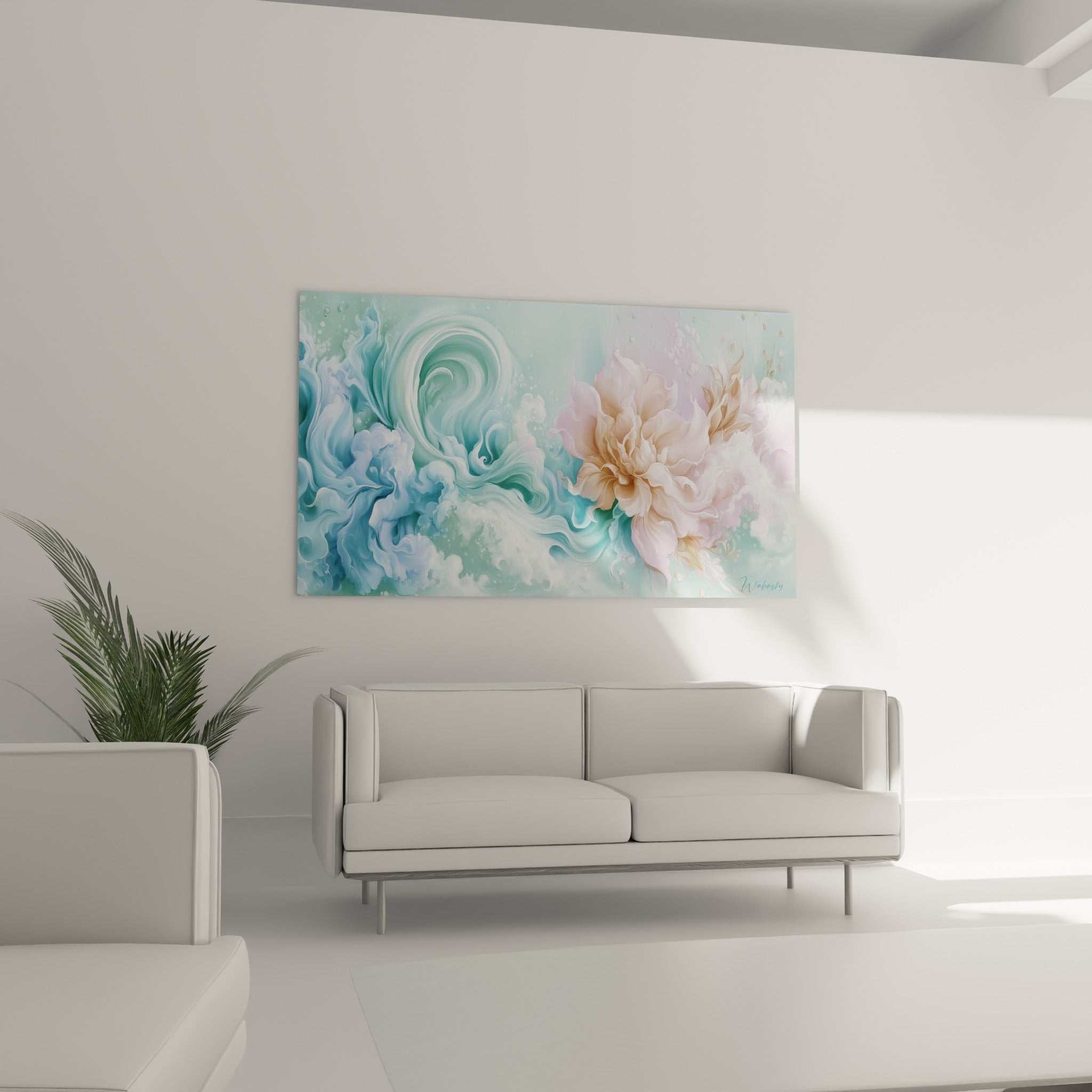 Pétales roses et tourbillons vert d'eau composent ce tableau fleur abstrait au-dessus d'un canapé dans un salon lumineux
