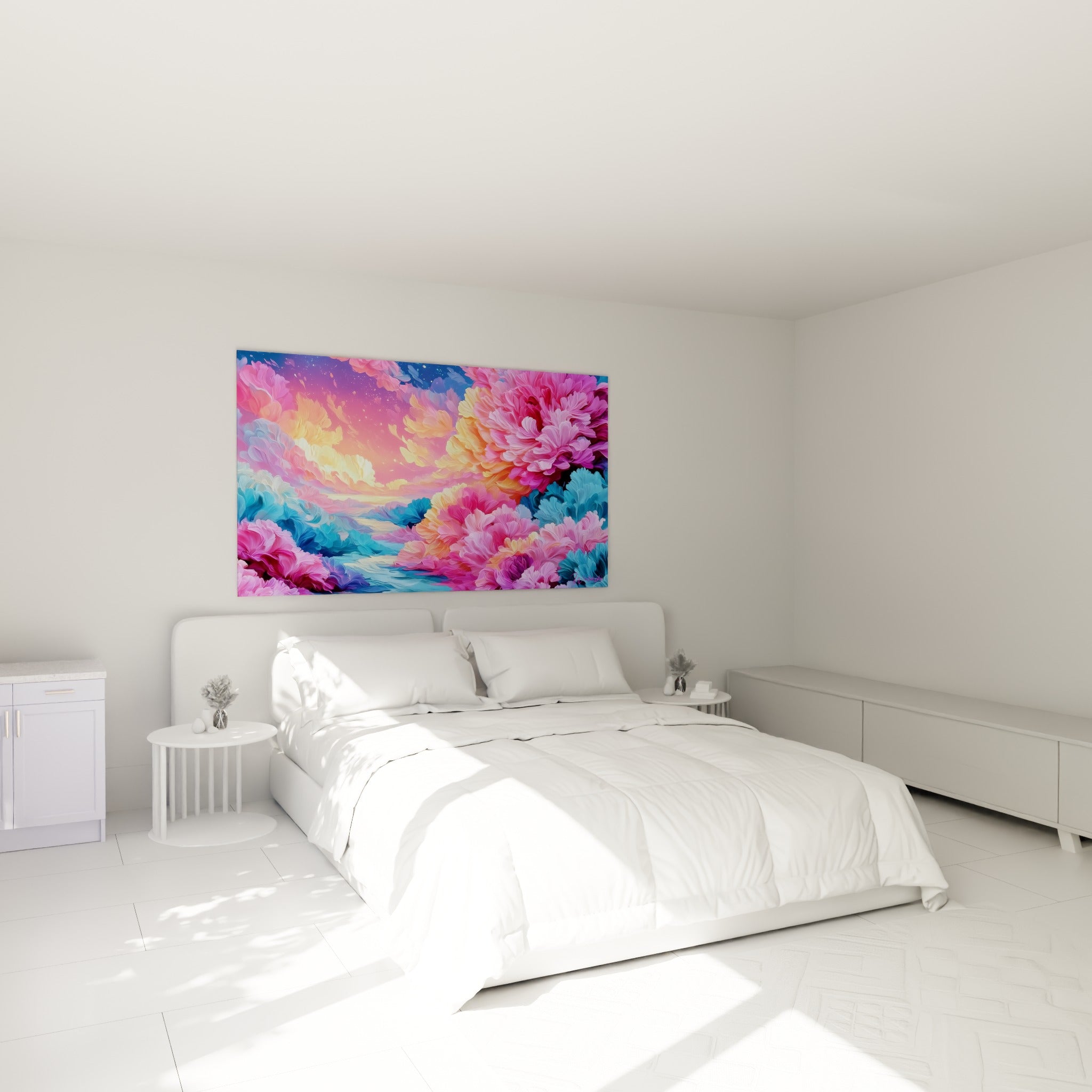 Massifs floraux roses et turquoise irradiant de lumière, accrochés au-dessus d'un lit dans une chambre claire