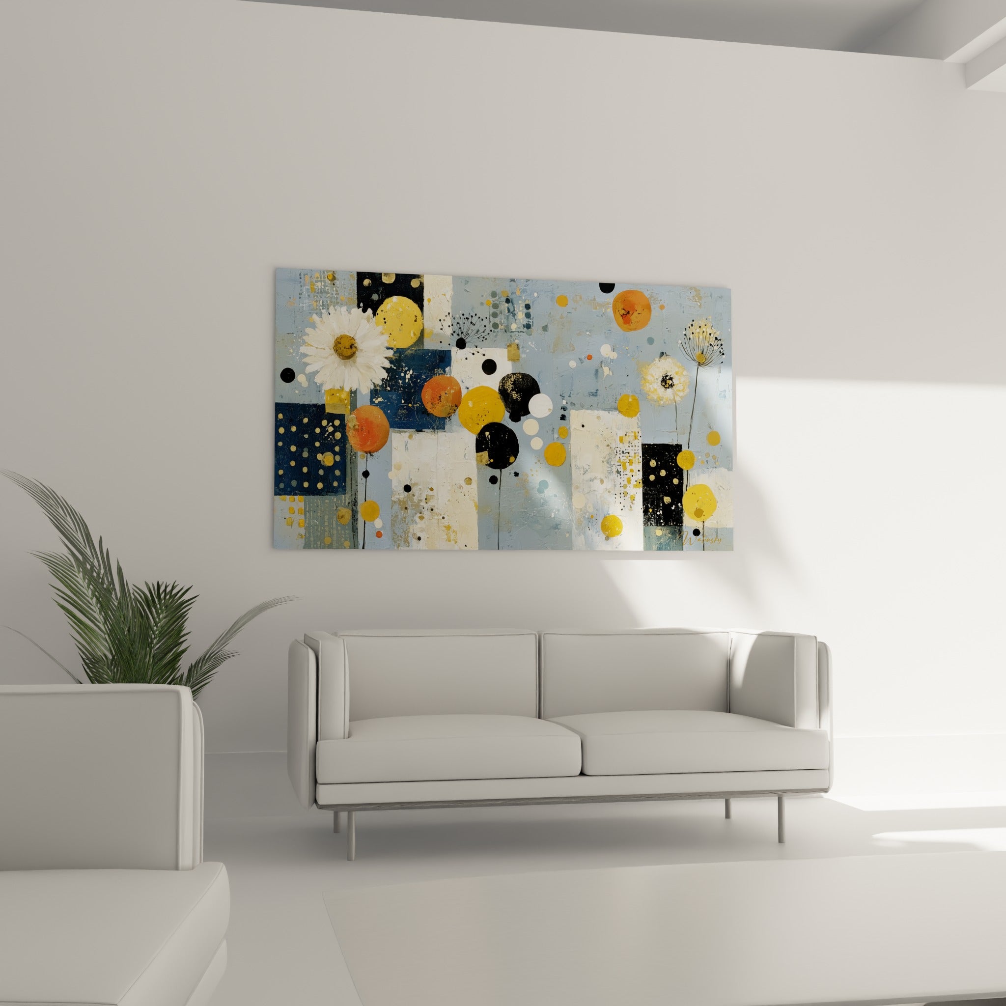 Composition florale abstraite en bleu ardoise et ocre, au-dessus d'un canapé dans un salon lumineux