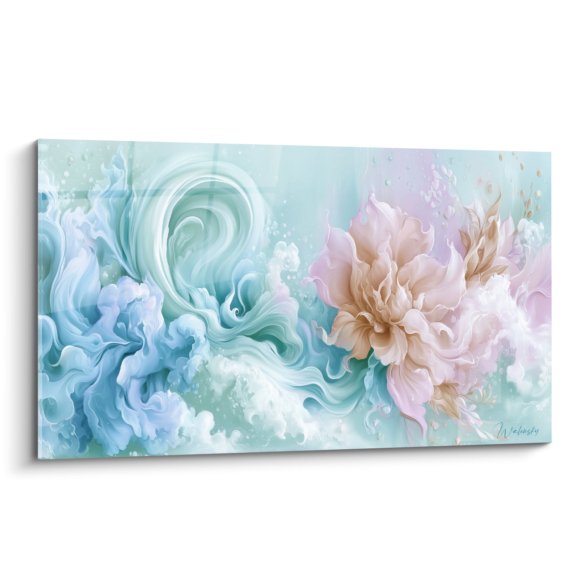 Pivoine rose poudré et volutes bleu turquoise en plein cadre, tableau fleur abstrait fluide et lumineux