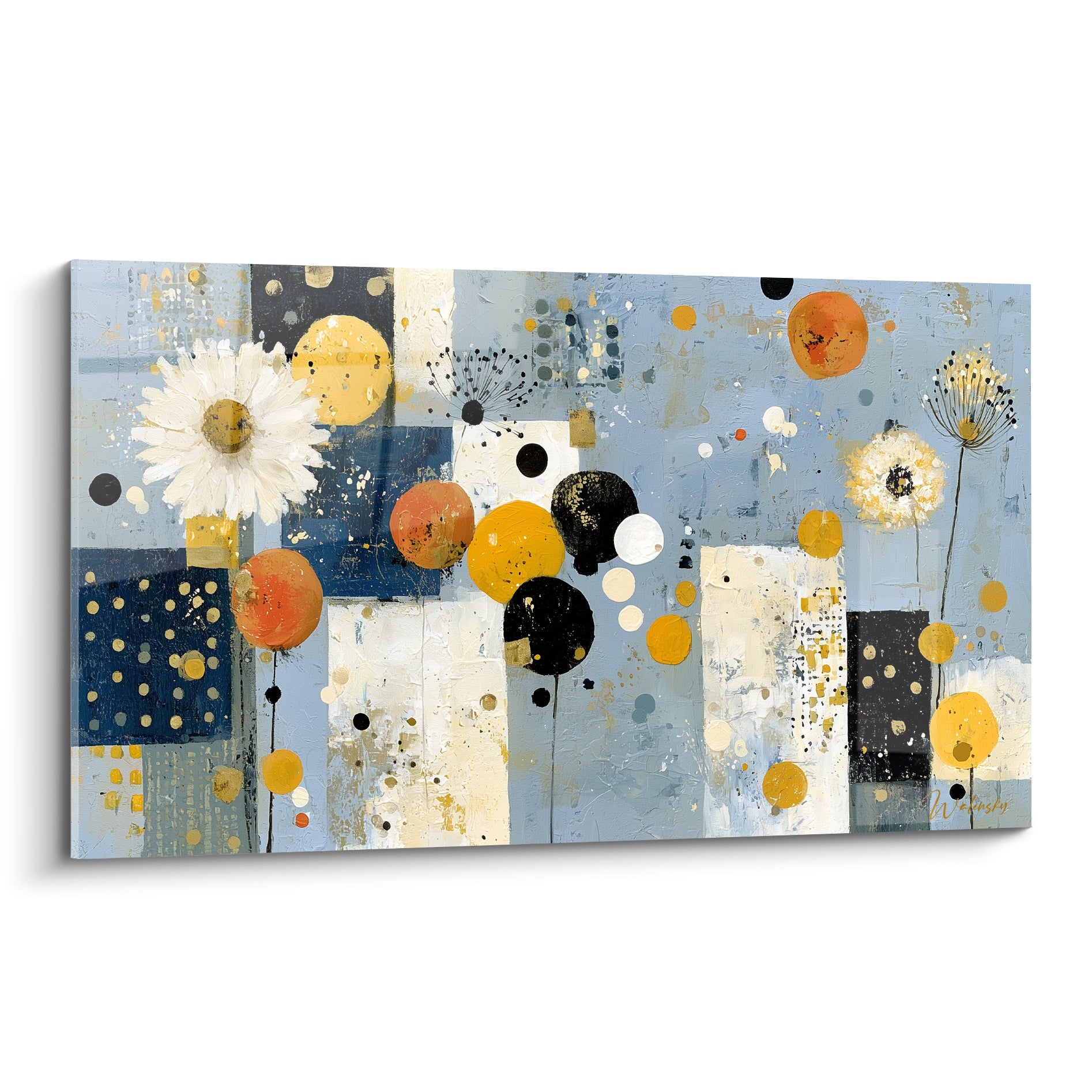 Fleurs stylisées en pois orange, jaune et noir sur fond bleu marine et blanc cassé texturé
