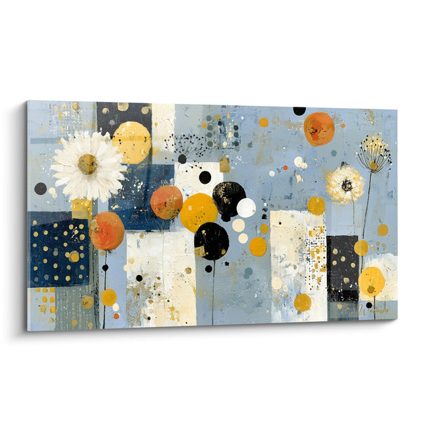 Tableau Fleurs bleu et ocre à pois - Confettis de jardin - Edition fleur abstrait
