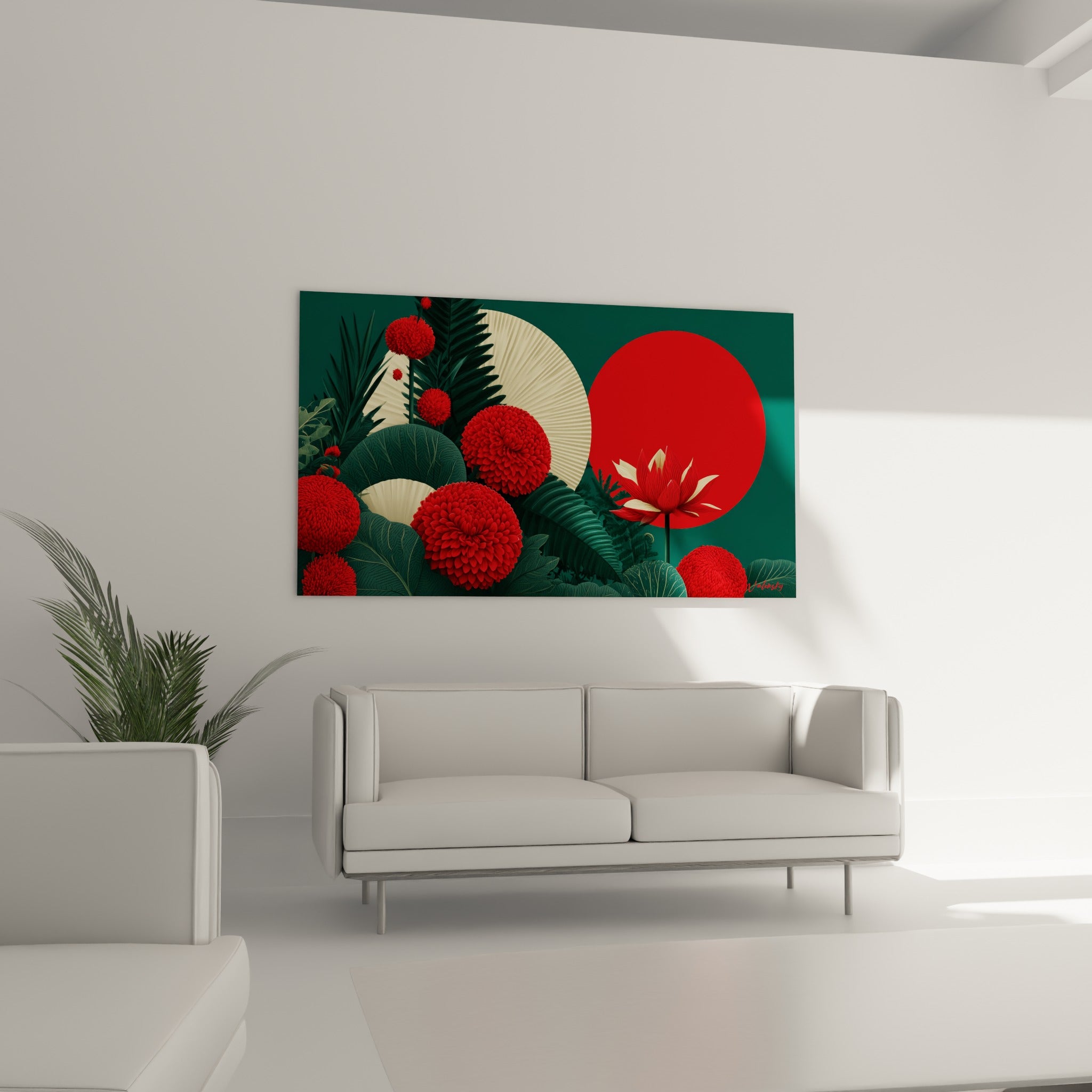Disque rouge et feuillages verts du tableau fleur abstrait au-dessus d'un canapé dans un salon lumineux