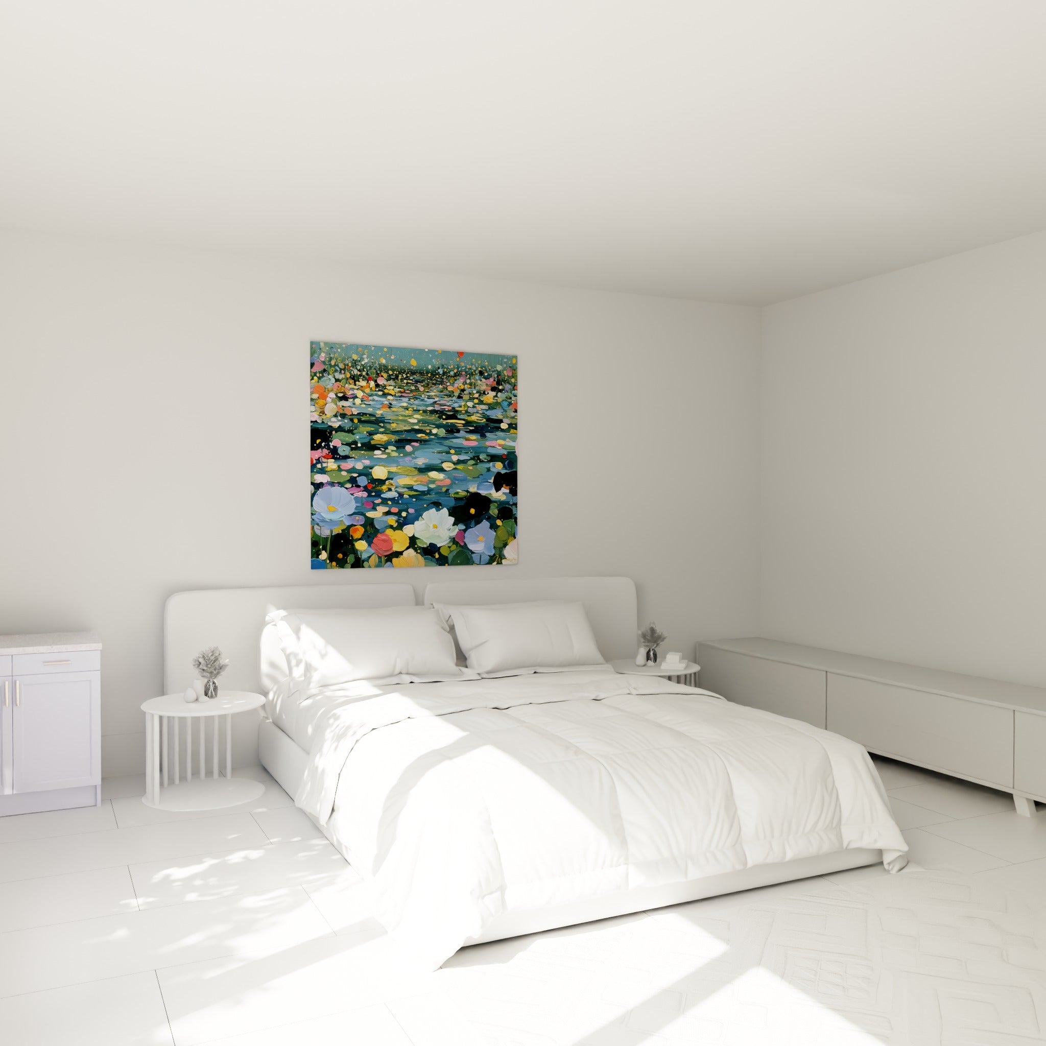 Nymphéas colorés en rose, blanc et doré flottant au-dessus d'un lit dans une chambre claire