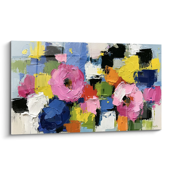 Tableau Roses roses et bleu marine texturées - Bouquet spontané - Edition fleur abstrait