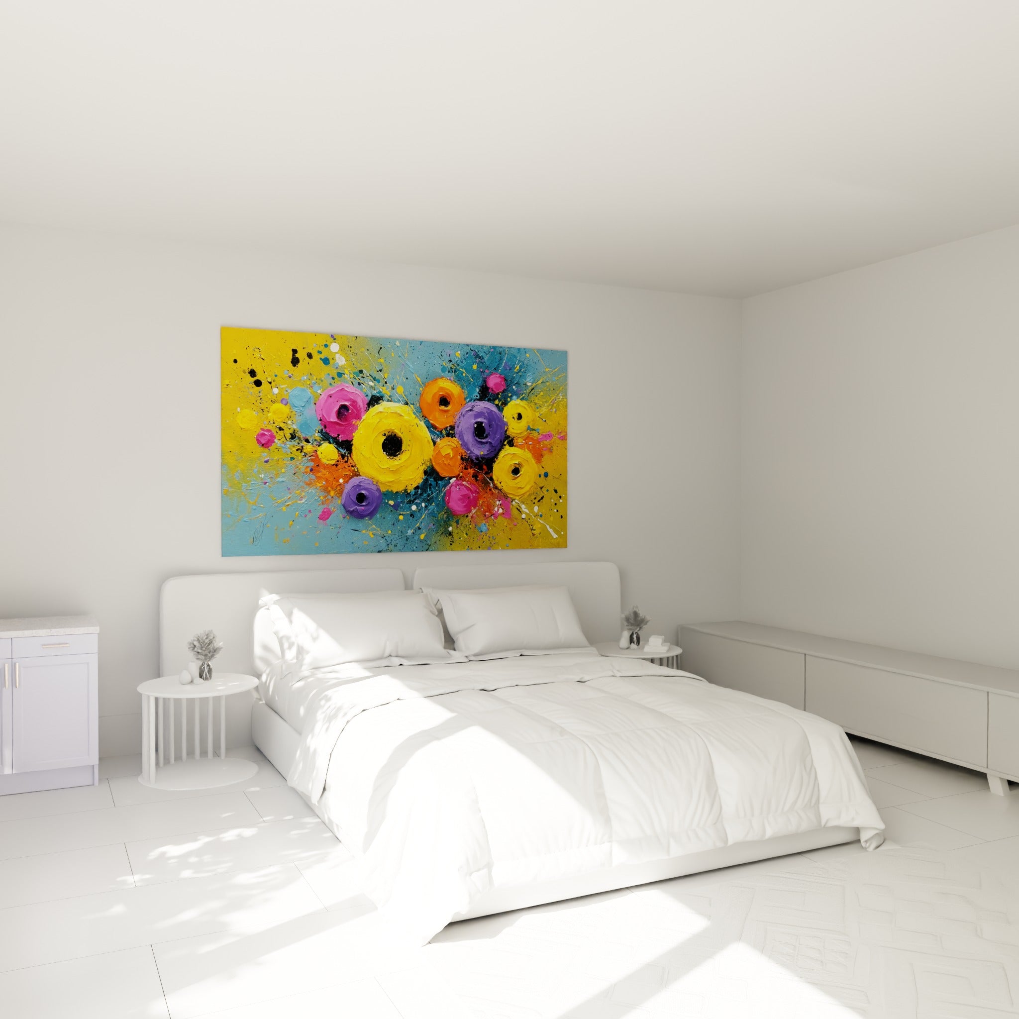 Fleurs abstraites jaune et rose fuchsia texturées, accrochées au-dessus d'un lit dans une chambre claire