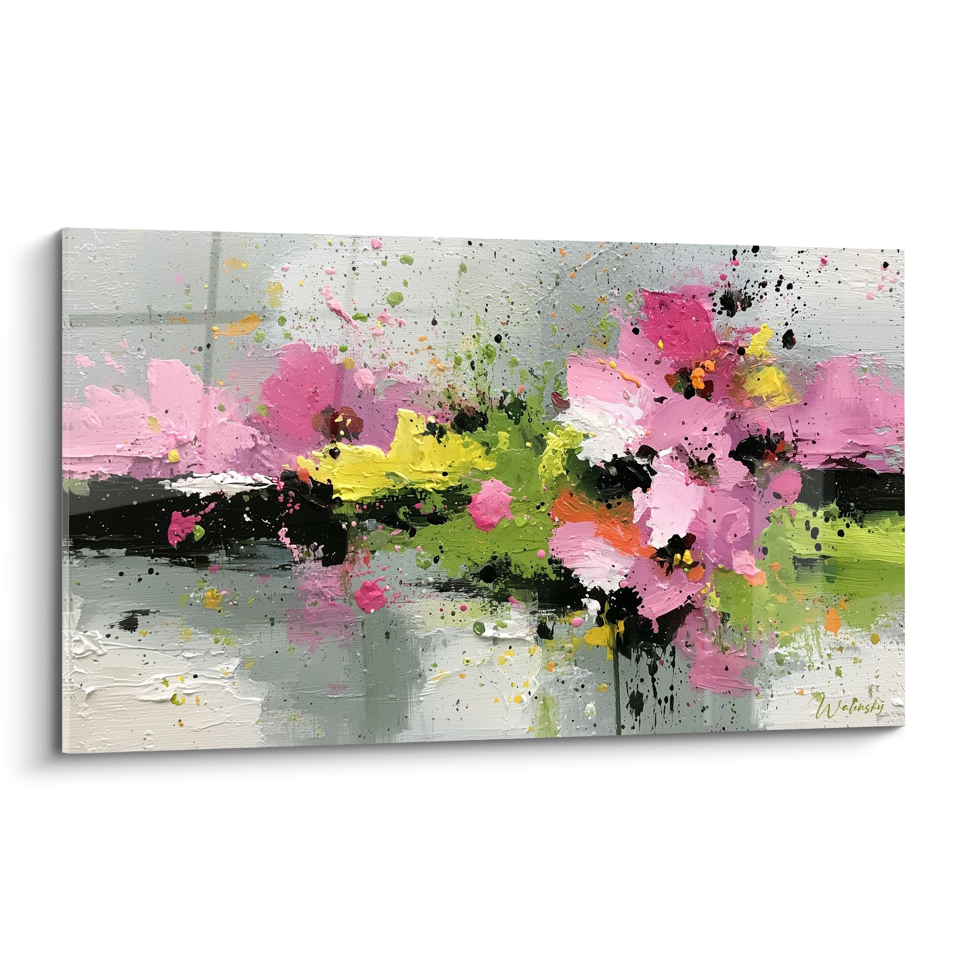 Bouquet fleur abstrait rose fuchsia et vert acide, éclaboussures noires en pleine toile