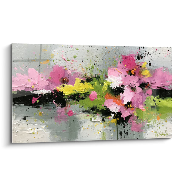 Tableau Fleurs roses et vertes en traînée horizontale - Éclaboussures printanières vives - Edition fleur abstrait