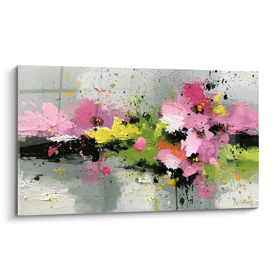 Tableau Fleurs roses et vertes en traînée horizontale - Éclaboussures printanières vives - Edition fleur abstrait
