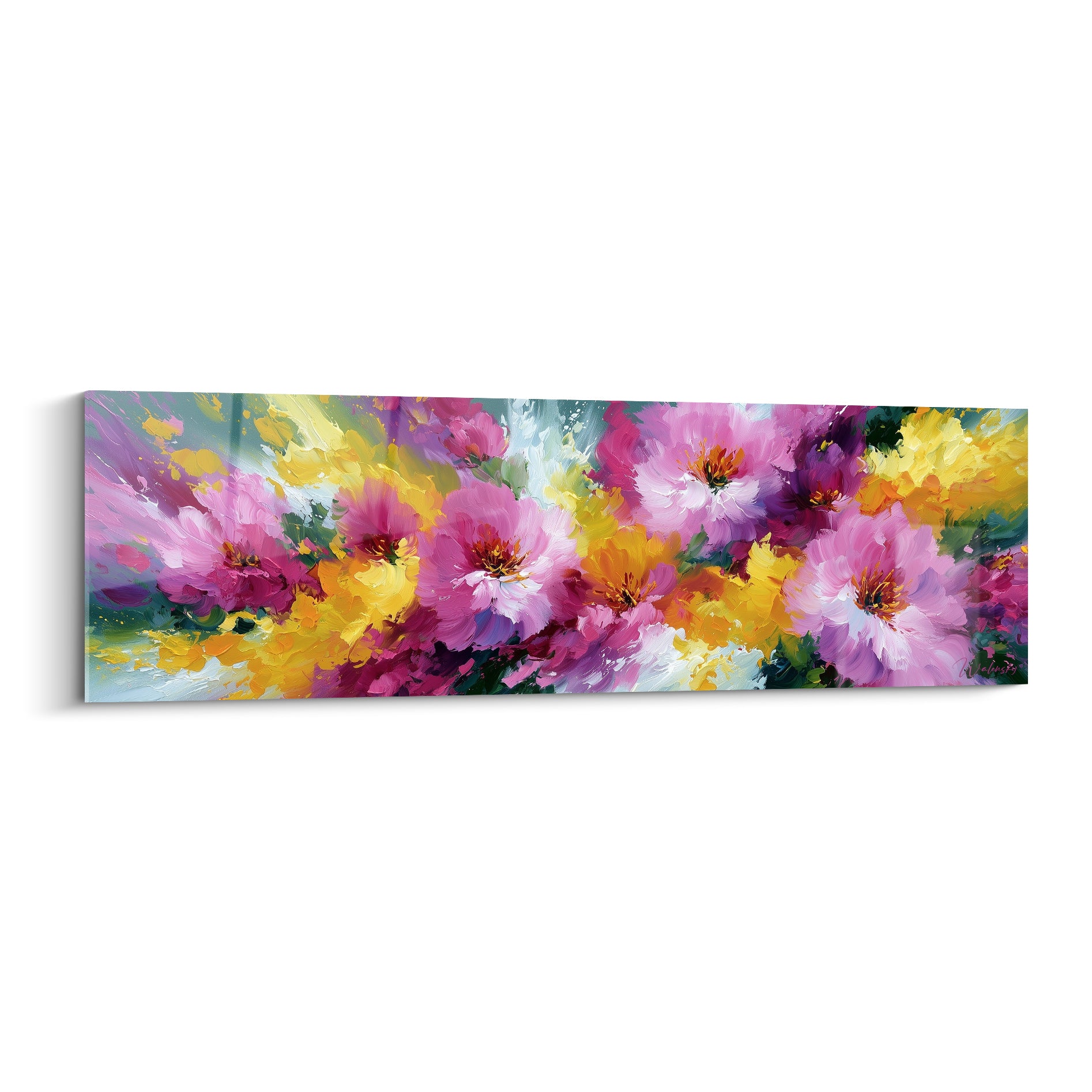 Fleurs roses et jaunes peintes au couteau, pétales fuchsia et touches dorées en pleine floraison