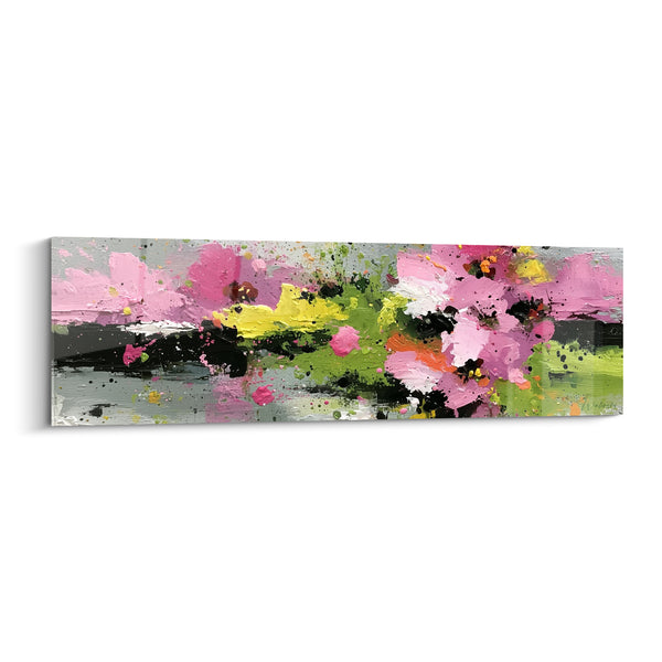 Tableau Fleurs roses et vertes sur reflet gris argenté - Éclats de peinture noire - Edition fleur abstrait