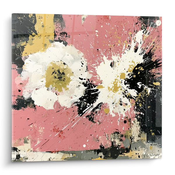 Tableau Fleurs blanches éclaboussures roses et noires - Éclosion spontanée - Edition fleur abstrait