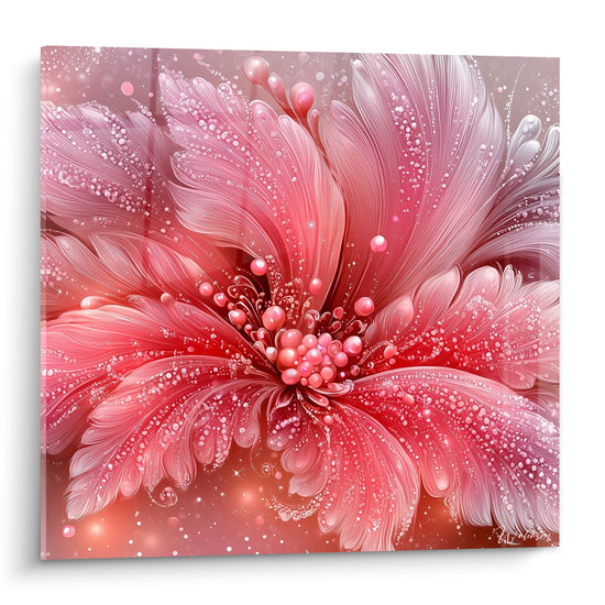 Fleur abstrait rose et blanche aux pétales effilés, perles corail scintillantes au centre