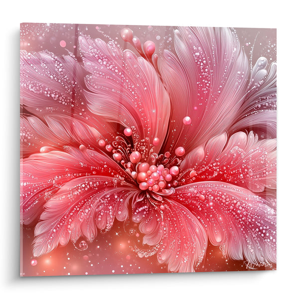 Tableau Fleur rose et blanche aux perles scintillantes - Rosée suspendue - Edition fleur abstrait
