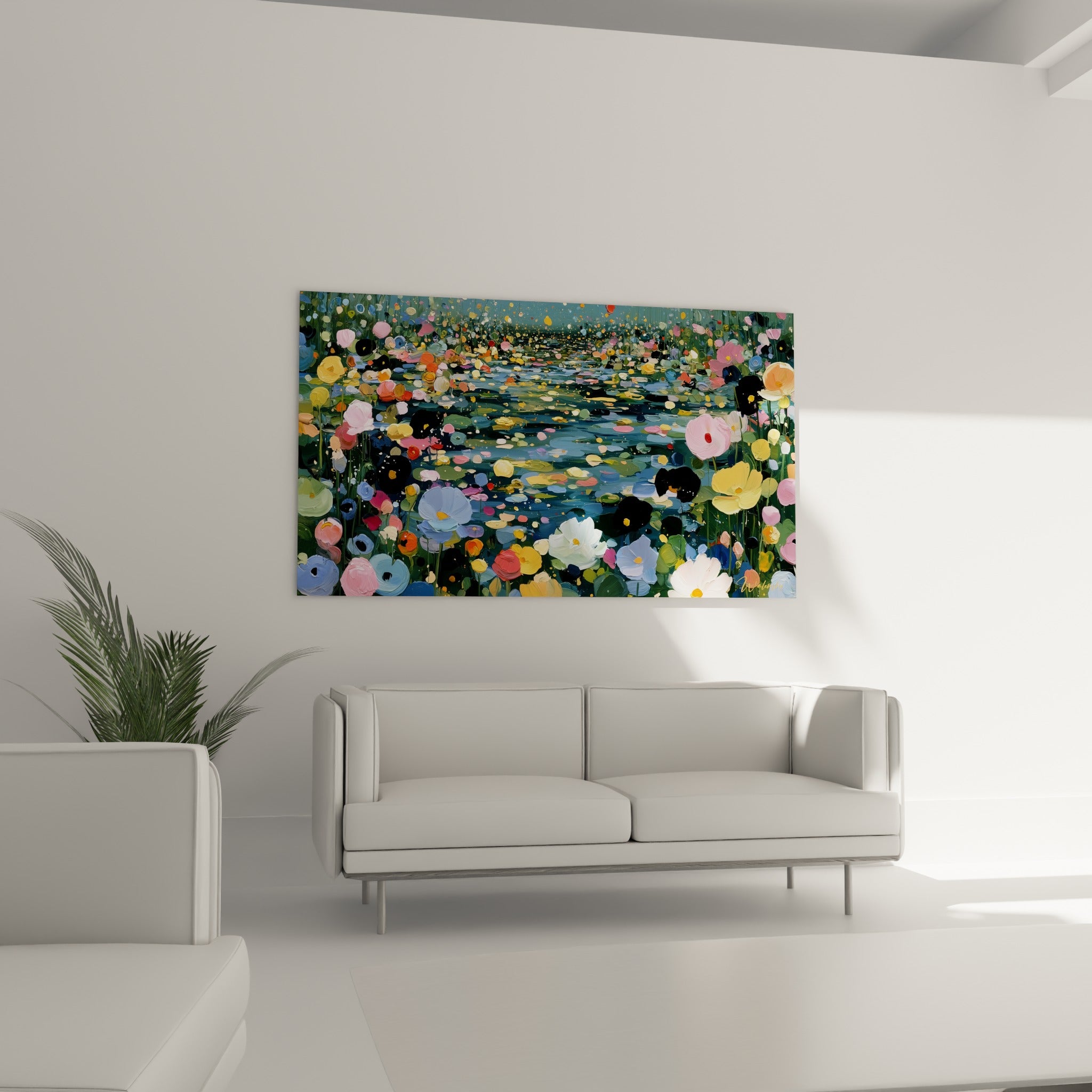 Composition florale abstraite rose et bleu au-dessus d'un canapé dans un salon lumineux