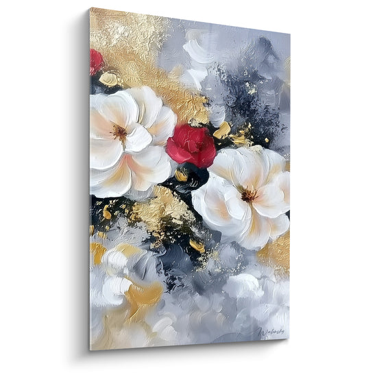 Tableau Roses blanches et rouges sur fond gris doré - Pétales veloutés en relief - Edition fleur abstrait
