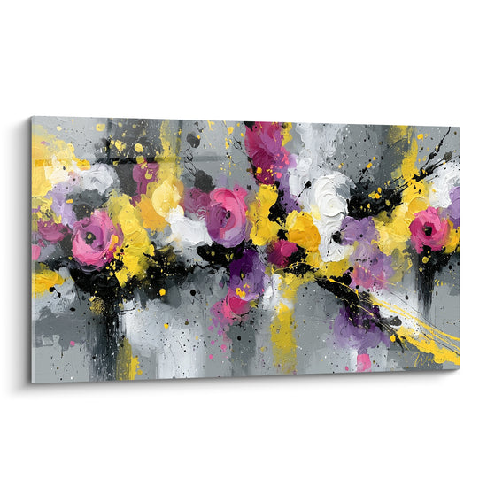 Roses jaunes, roses et violettes éclatées sur fond gris anthracite, tableau fleur abstrait texturé