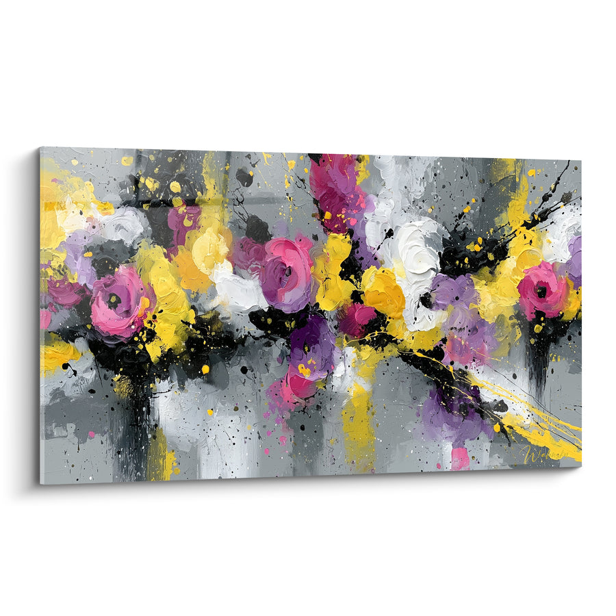 Tableau Roses fuchsia et jaunes sur fond gris - Traînées noires éclaboussées - Edition fleur abstrait