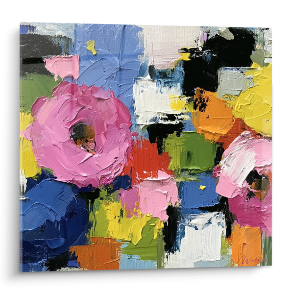 Tableau Roses roses au couteau texturé - Éclosion joyeuse - Edition fleur abstrait