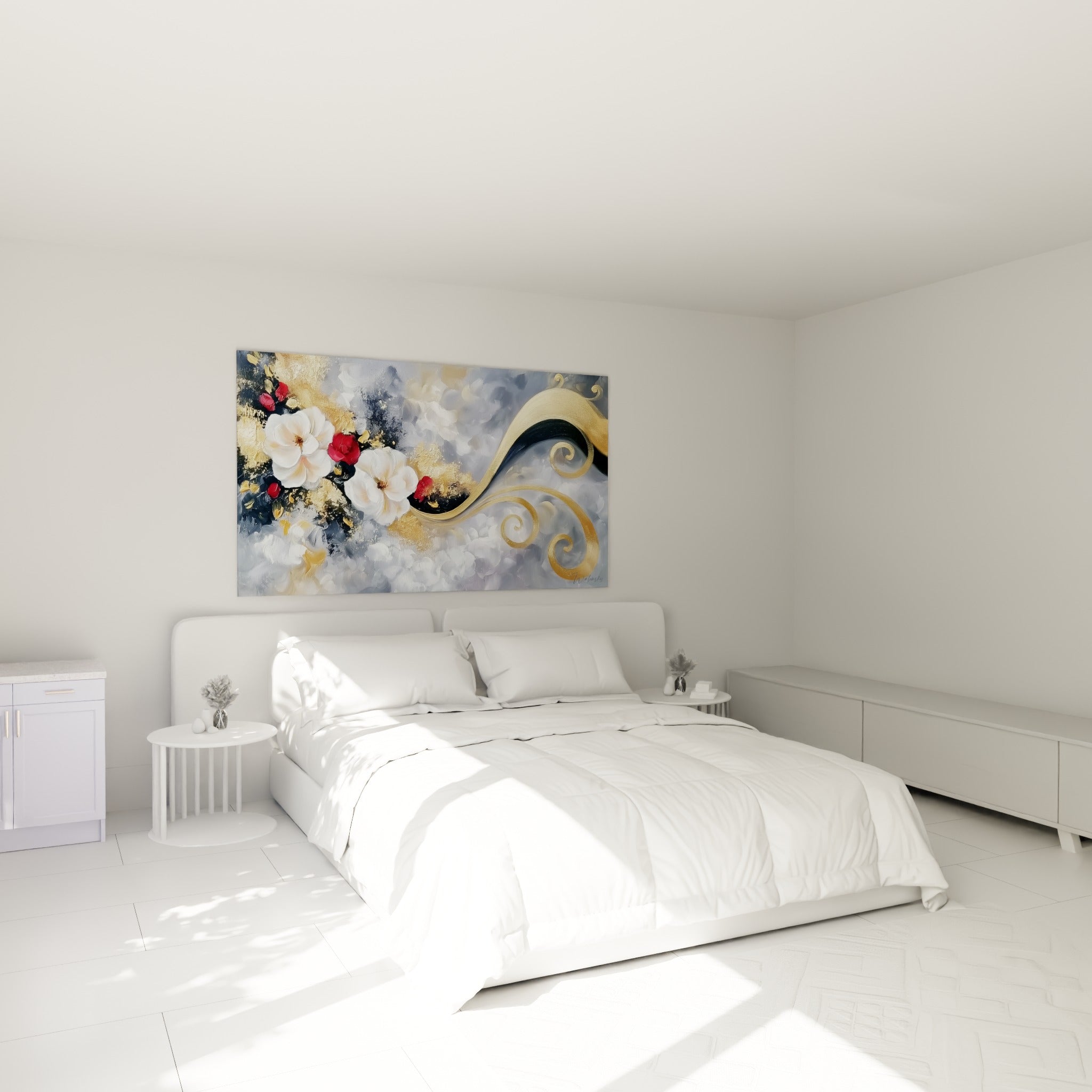 Volute dorée et roses rouges de ce tableau fleur abstrait, accrochée au-dessus d'un lit dans une chambre claire