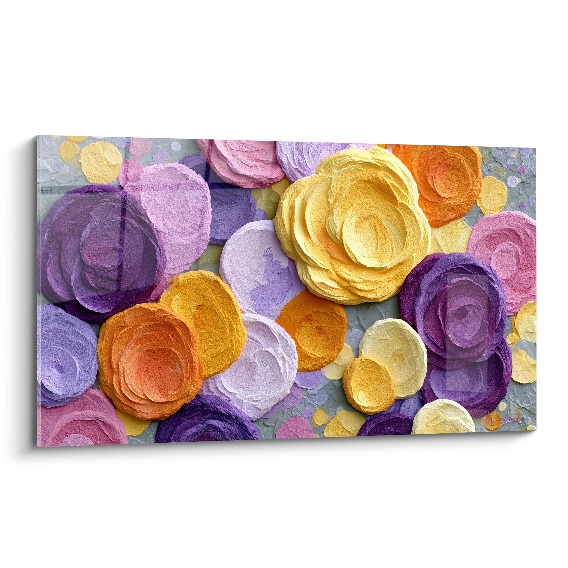 Roses violettes et jaunes sculptées composent ce tableau fleur abstrait en relief épais