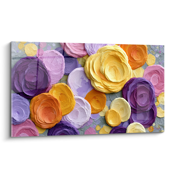 Tableau Roses jaunes et violettes au relief épais - Bouquet texturé compact - Edition fleur abstrait