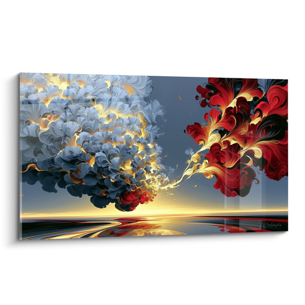 Tableau Fleur abstraite blanche et rouge sur horizon doré - Rencontre des contraires - Edition fleur abstrait