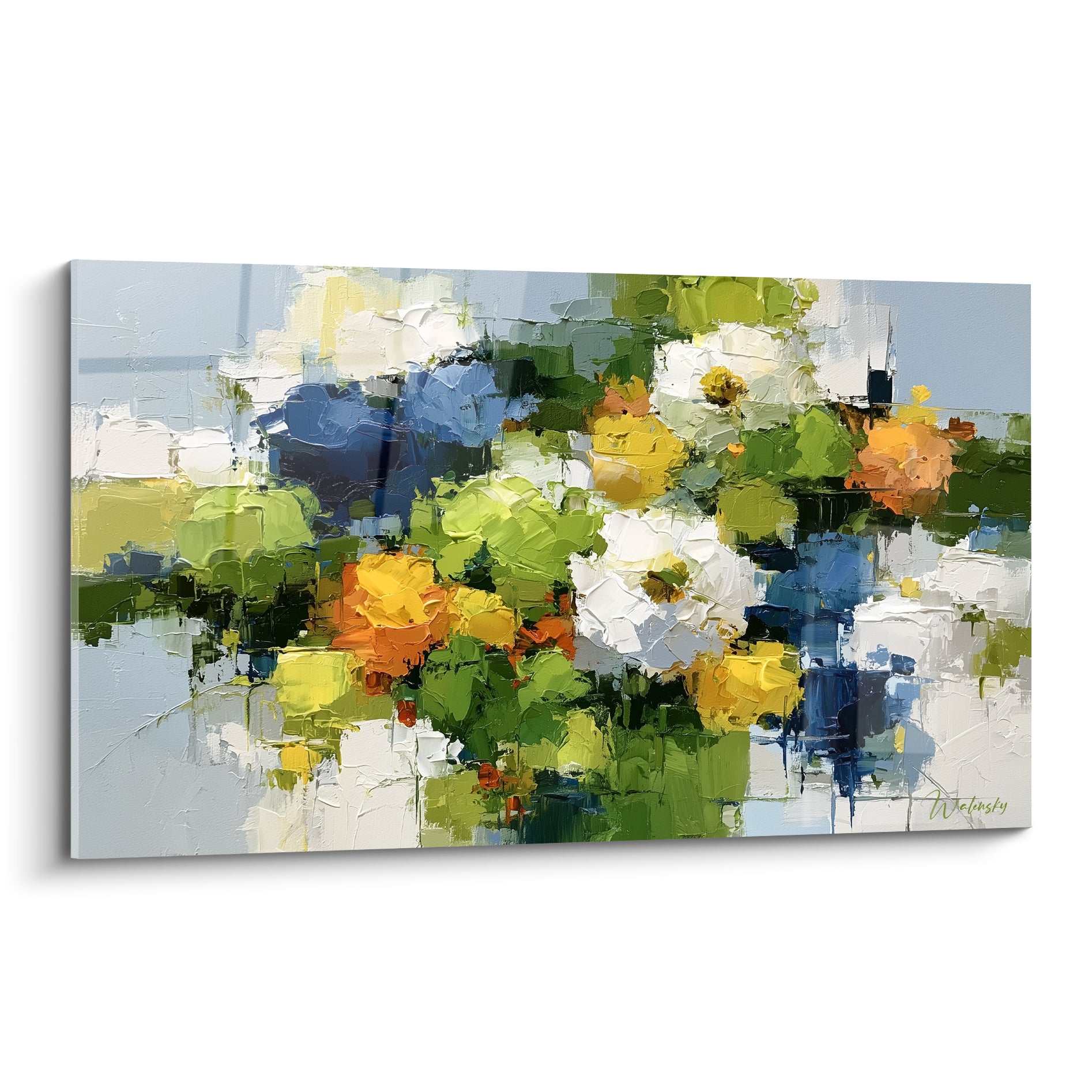 Bouquet fleur abstrait aux tons jaune safran, blanc et bleu marine, peint au couteau en larges touches