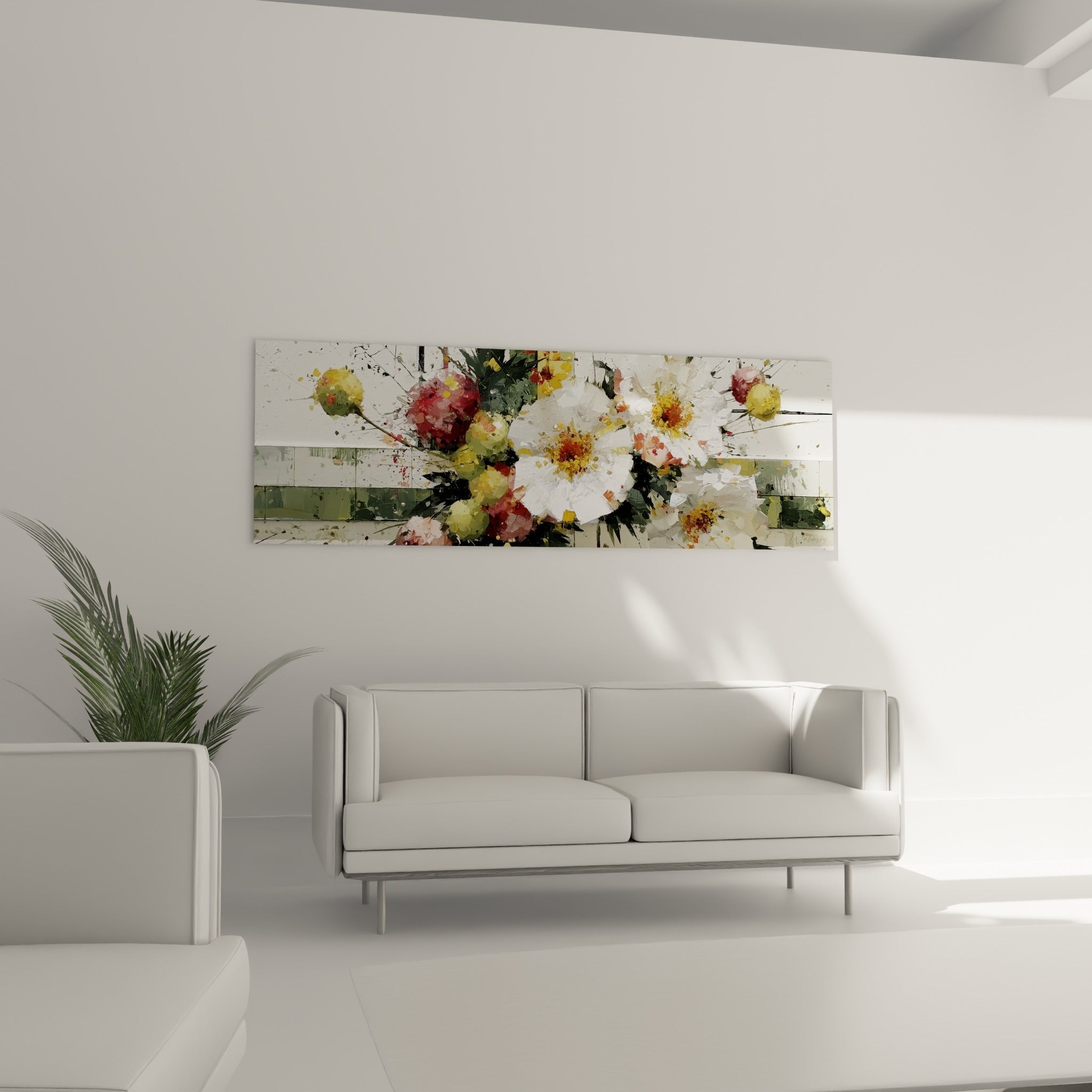 Pétales blancs et boutons rose framboise d'une fleur abstrait au-dessus d'un canapé dans un salon lumineux