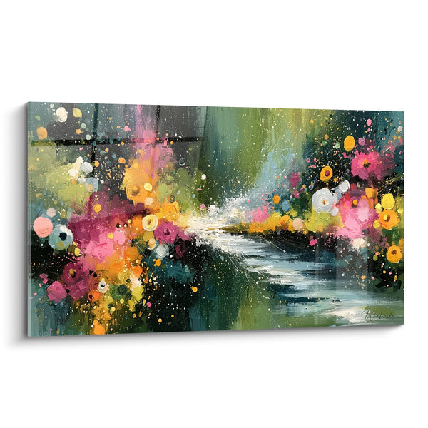 Tableau Sentier fleuri rose et vert profond - Éveil du jardin - Edition fleur abstrait